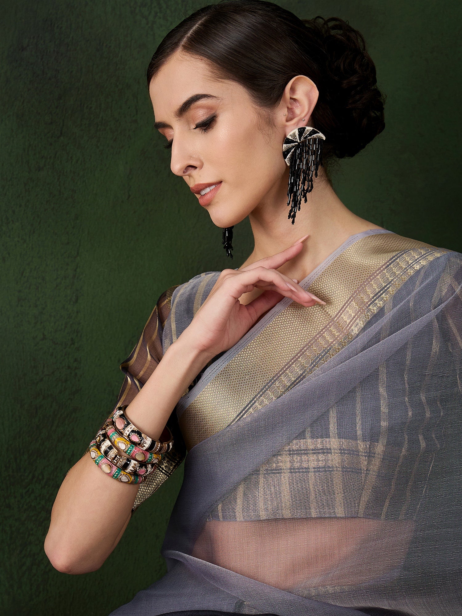 Grey Khadi Organza Fabric Beautiful Woven Jacquard Designer Saree