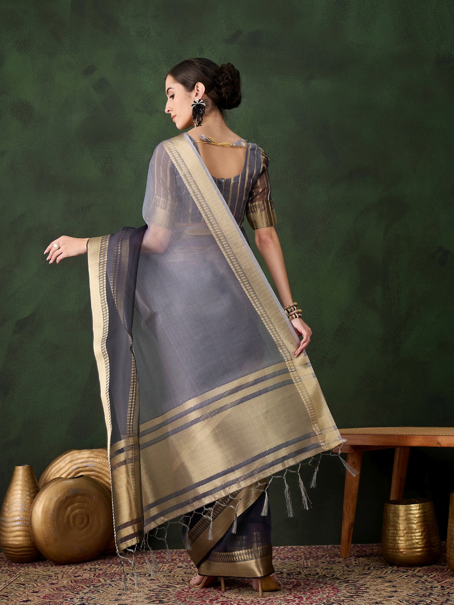 Grey Khadi Organza Fabric Beautiful Woven Jacquard Designer Saree