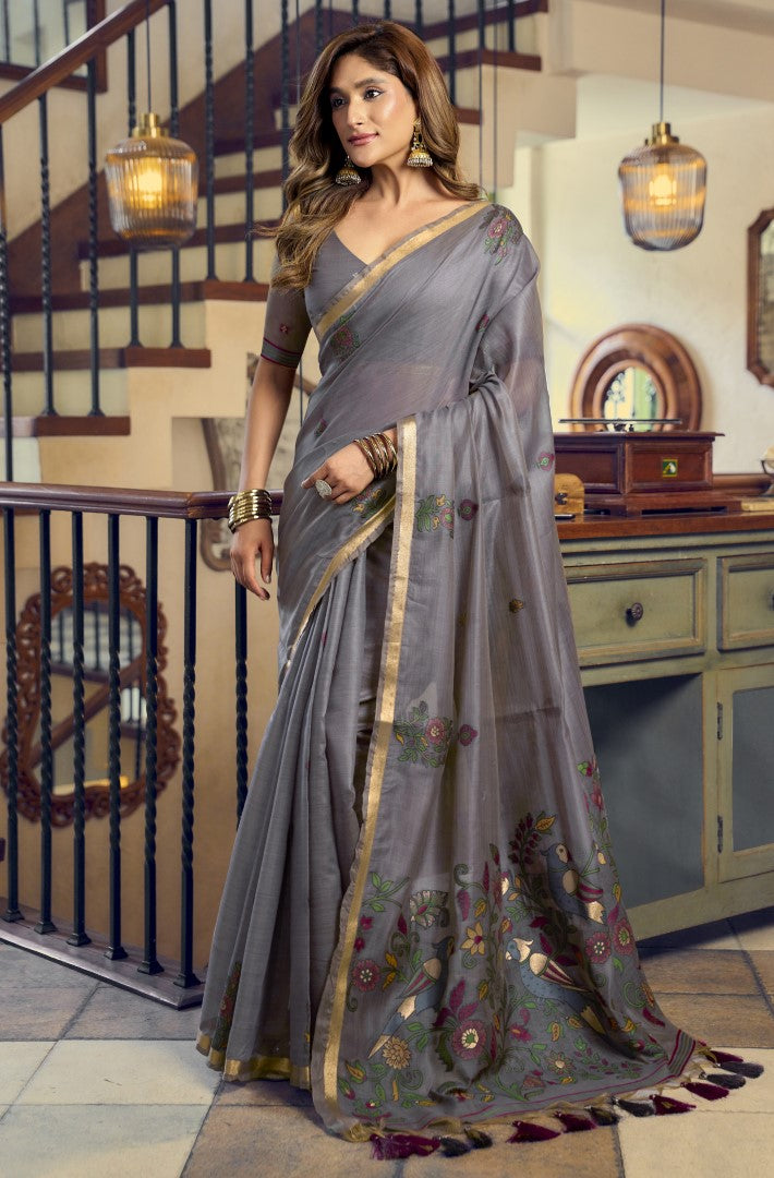Grey Kolkata Cotton Saree with Premium Fancy Tassel Detailing