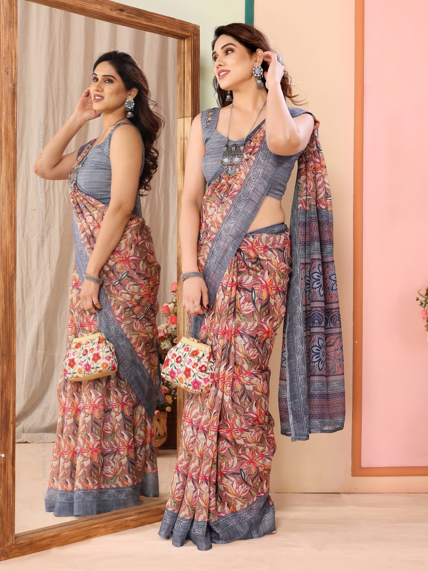 Grey Kota Doriya Saree with Print