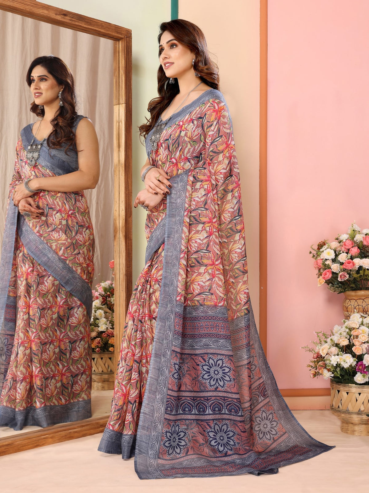 Grey Kota Doriya Saree with Print