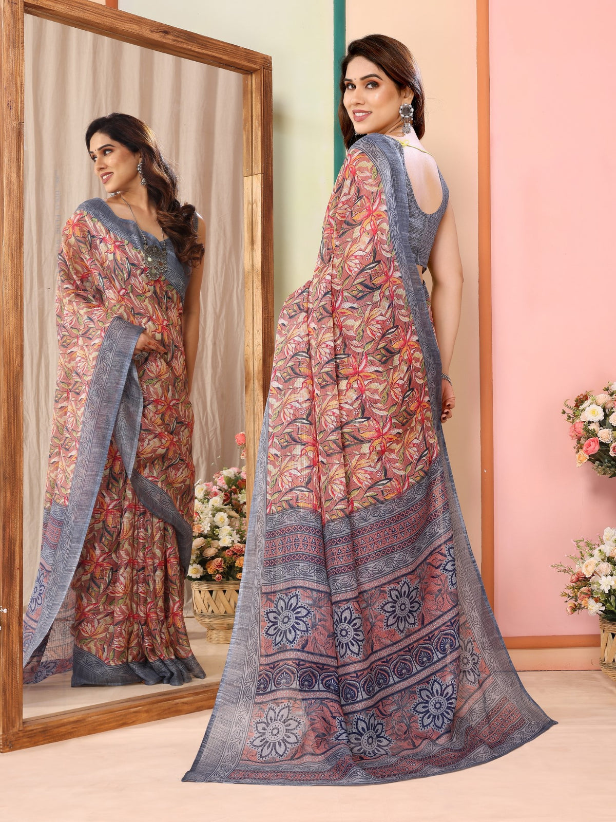 Grey Kota Doriya Saree with Print