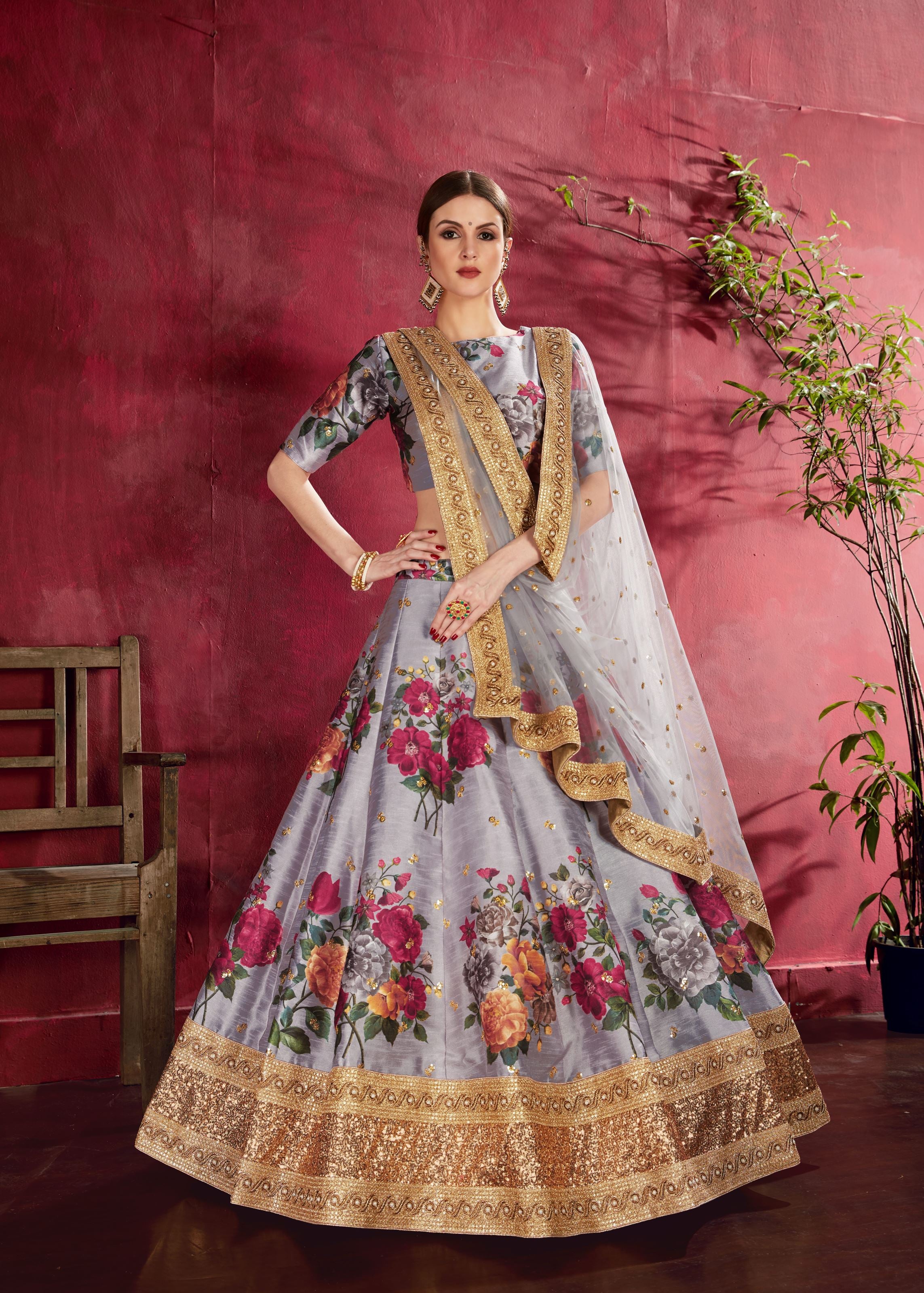 Grey Lehenga Choli With Floral Print, Dori, Zari And Sequins Embroidery