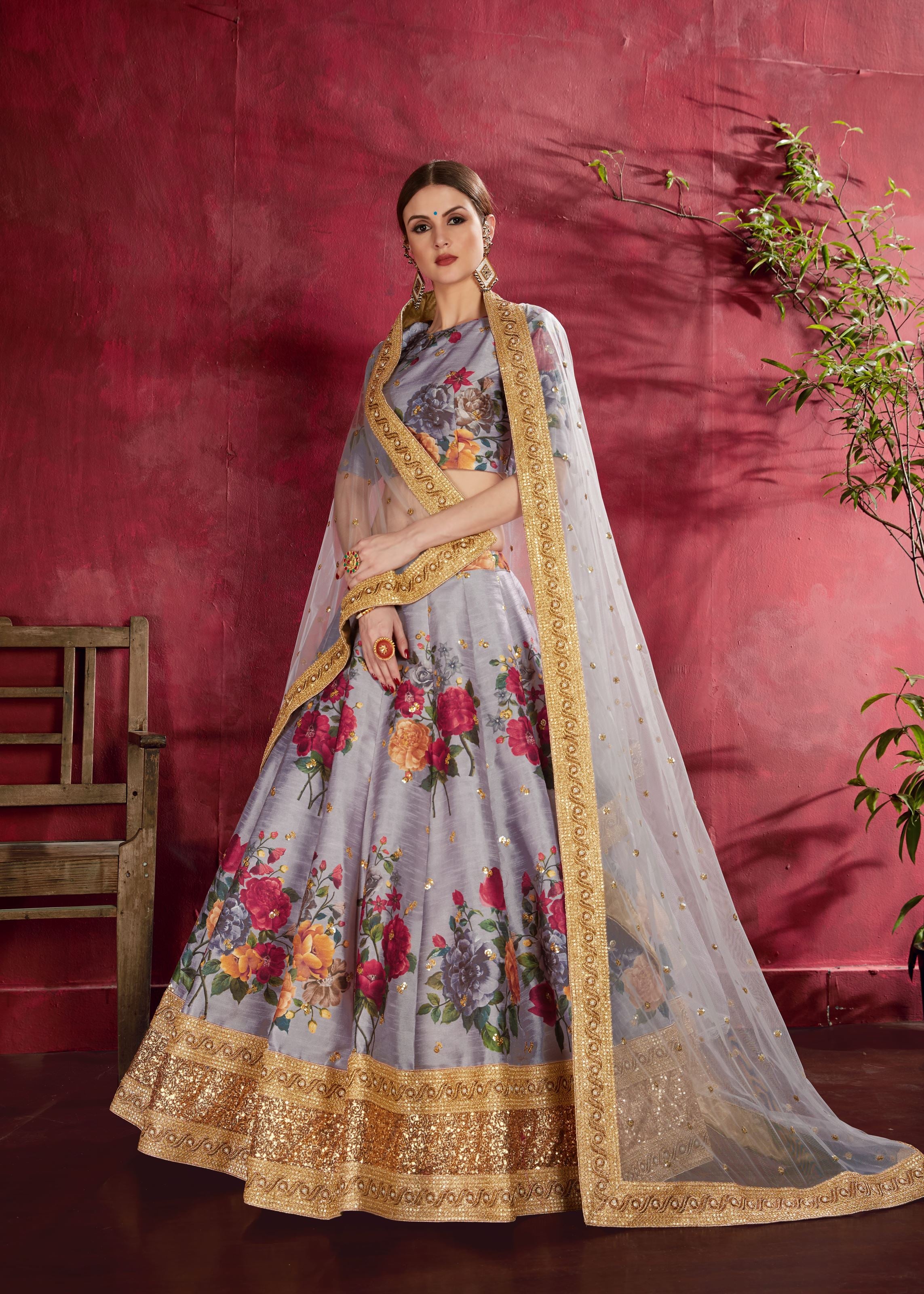 Grey Lehenga Choli With Floral Print, Dori, Zari And Sequins Embroidery