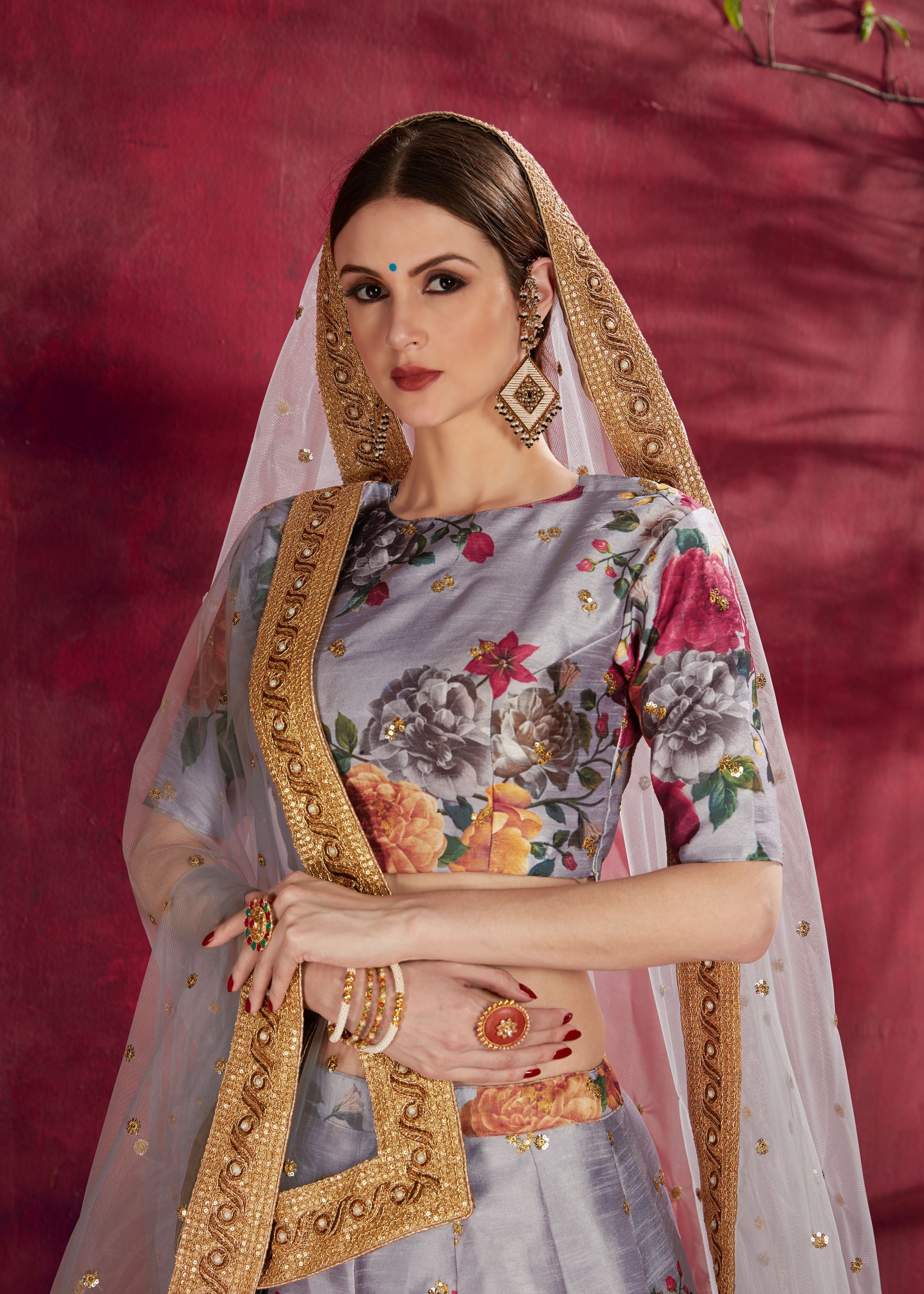 Grey Lehenga Choli With Floral Print, Dori, Zari And Sequins Embroidery