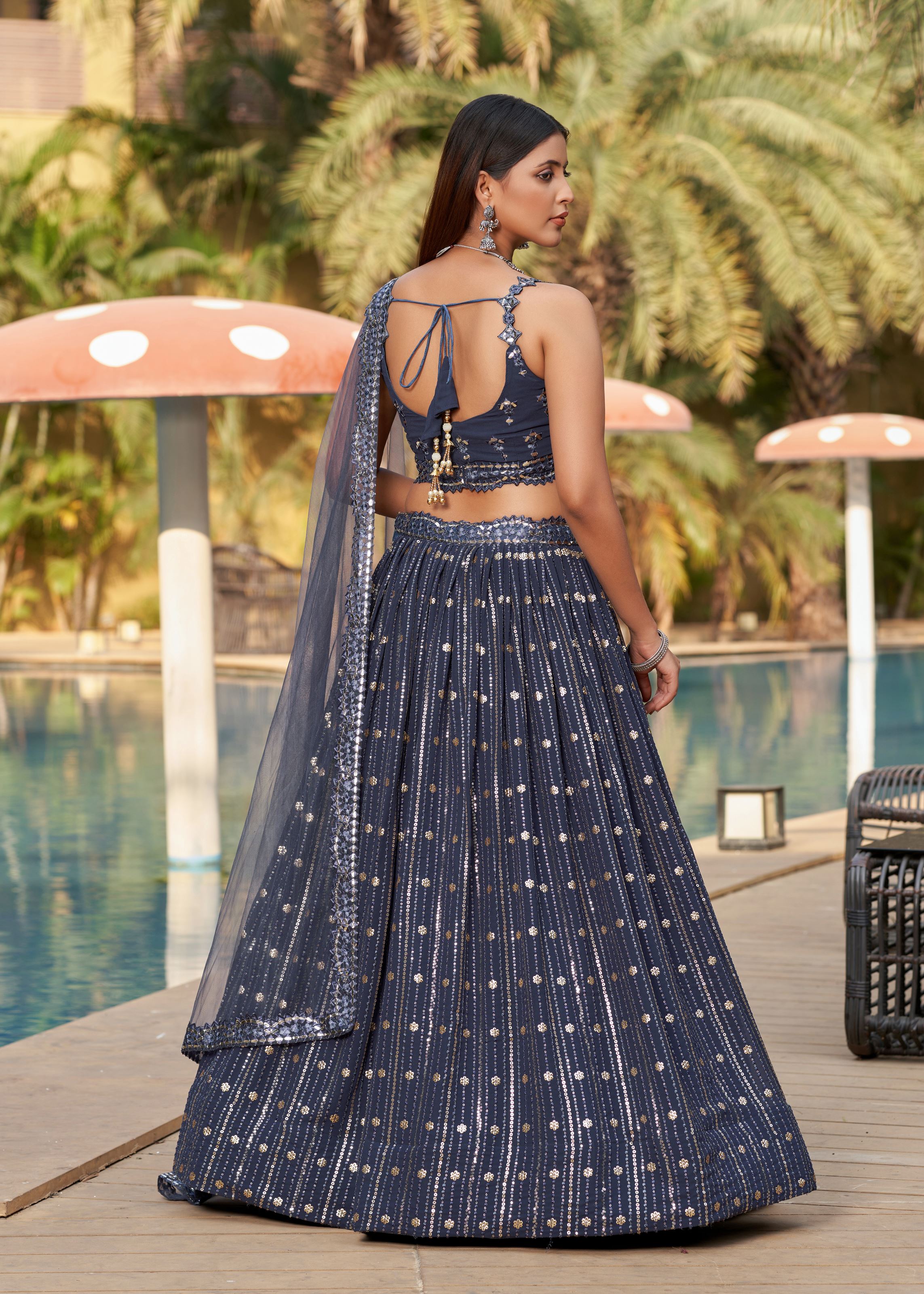 Grey Lehenga Choli With  Sequins And Thread With Mirror Paper Embroidery Work