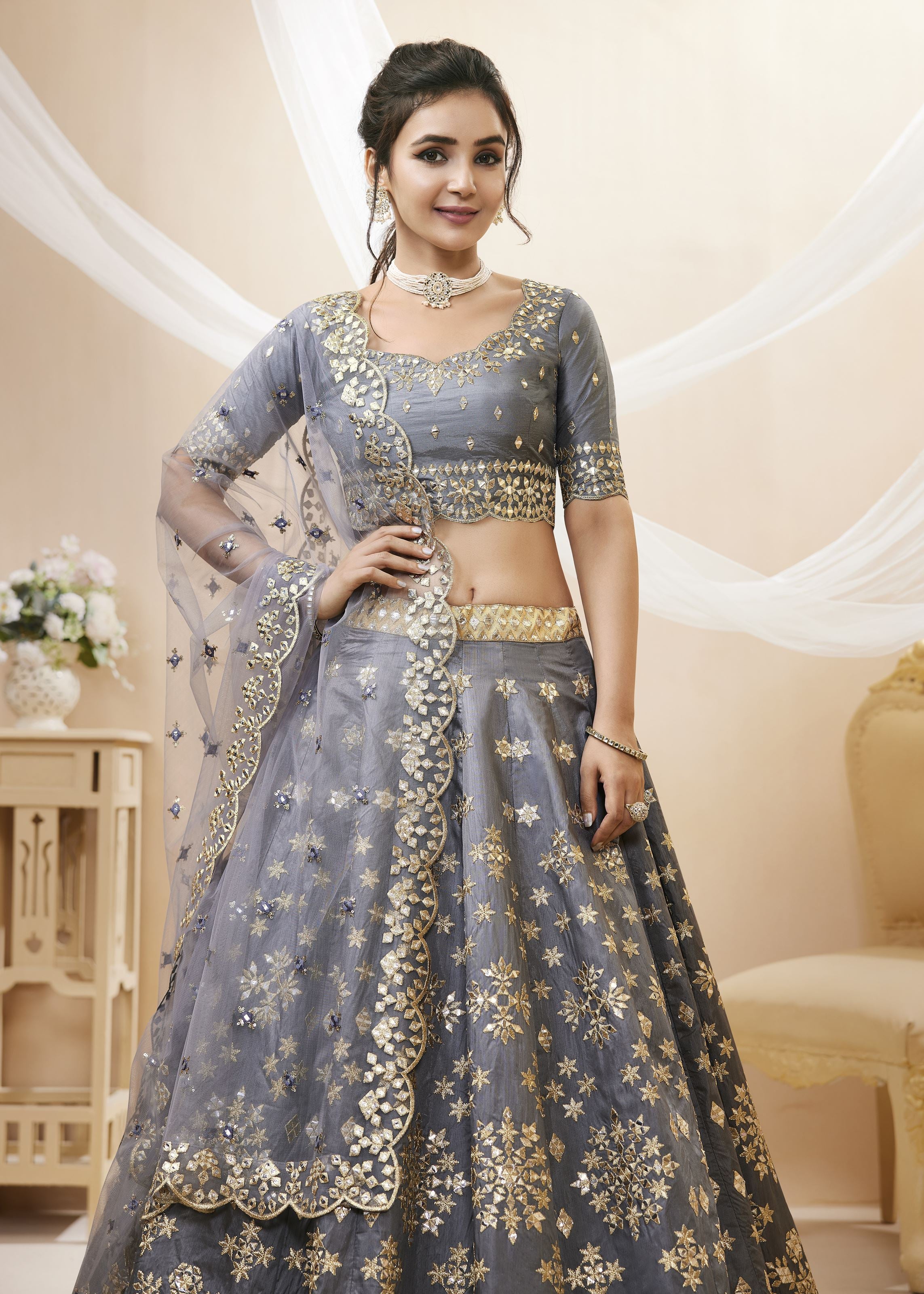 Grey Lehenga Choli With Sequins, Foil & Zari Embroidered Work