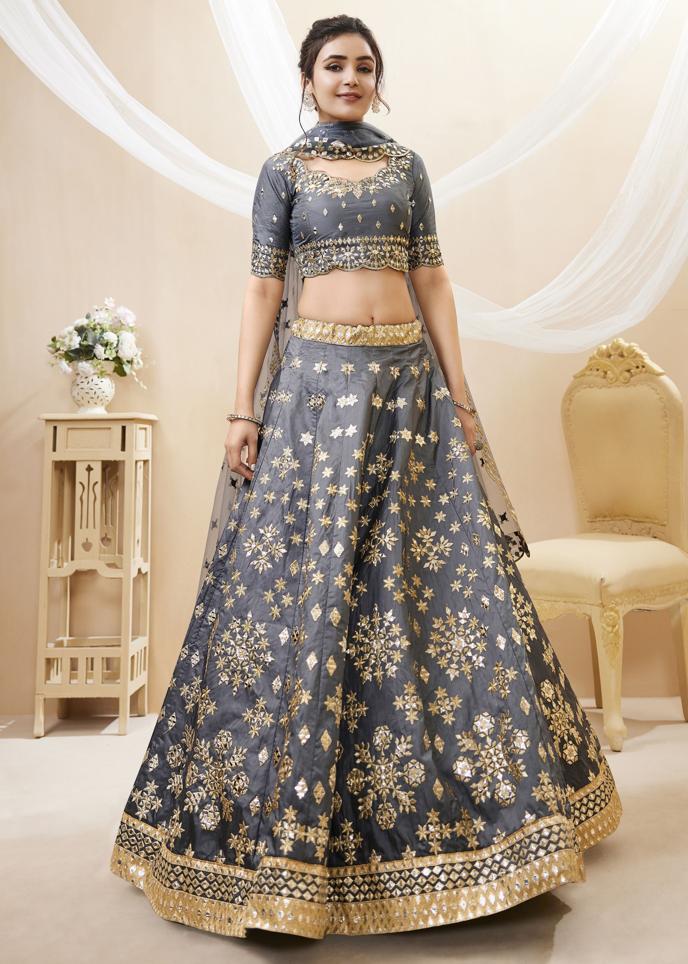 Grey Lehenga Choli With Sequins, Foil & Zari Embroidered Work