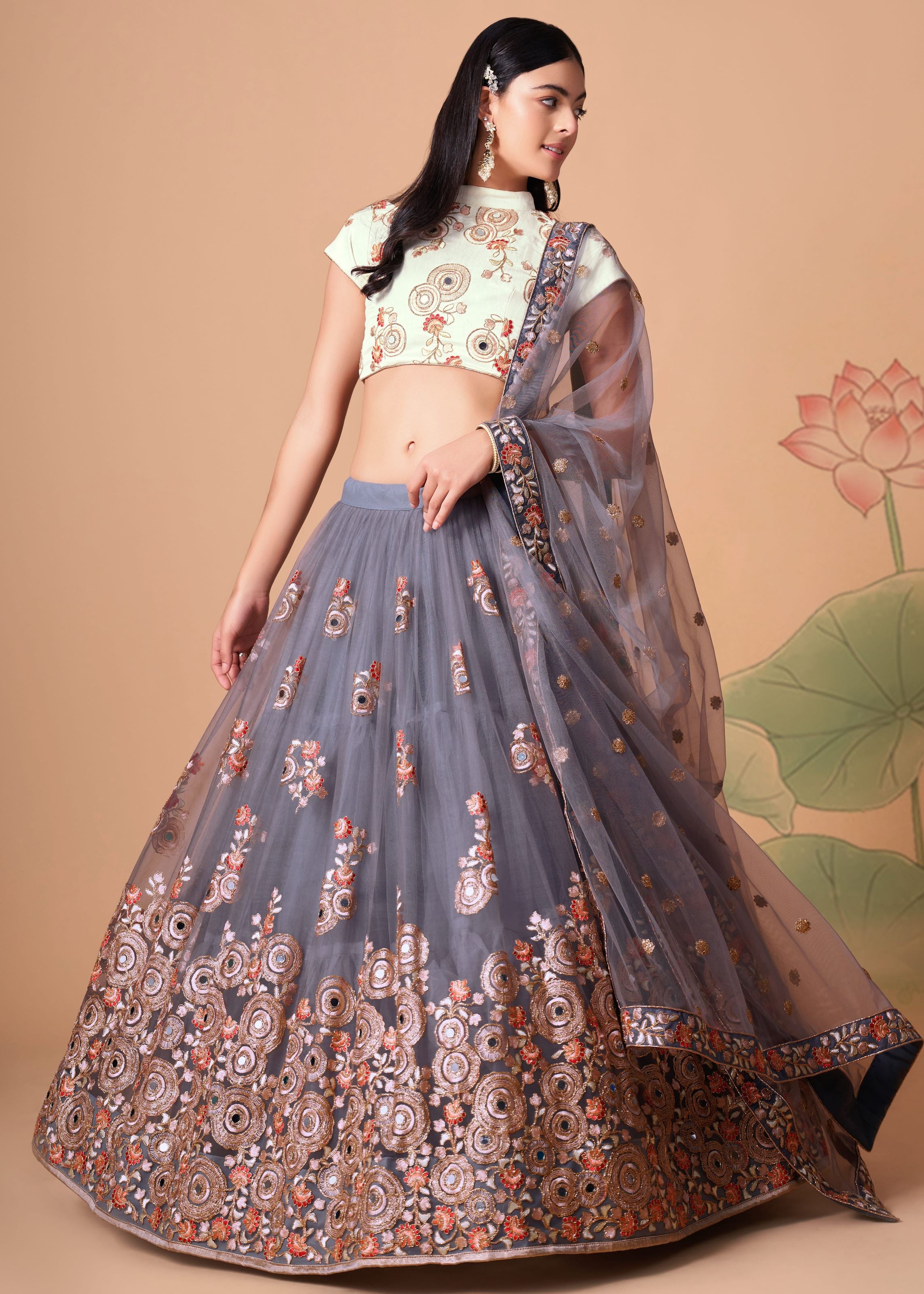 Grey Lehenga Choli With   Thread, Zari, Dori And Sequins Embroidery With Mirror Work