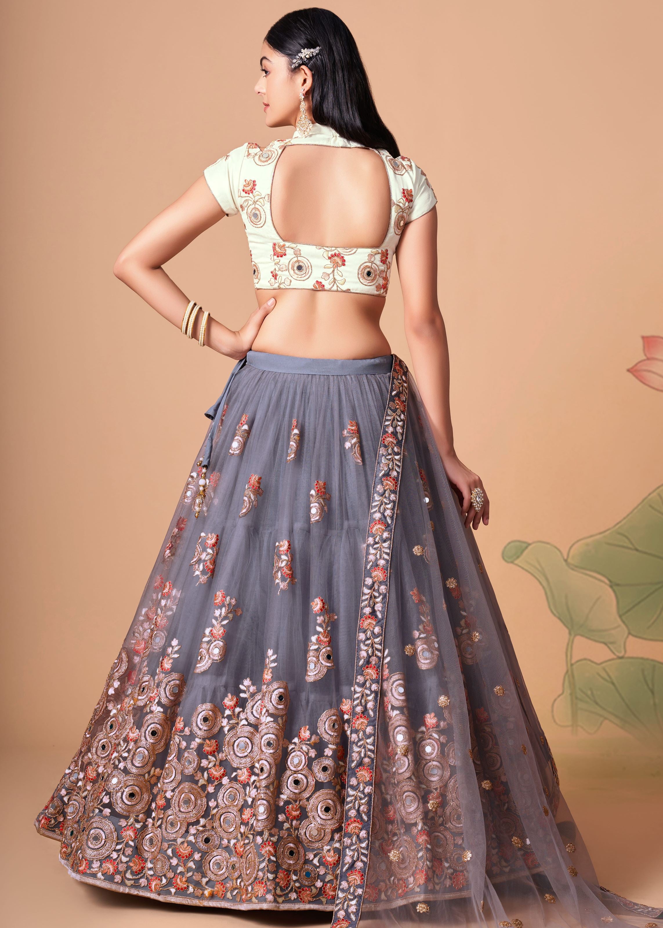 Grey Lehenga Choli With   Thread, Zari, Dori And Sequins Embroidery With Mirror Work