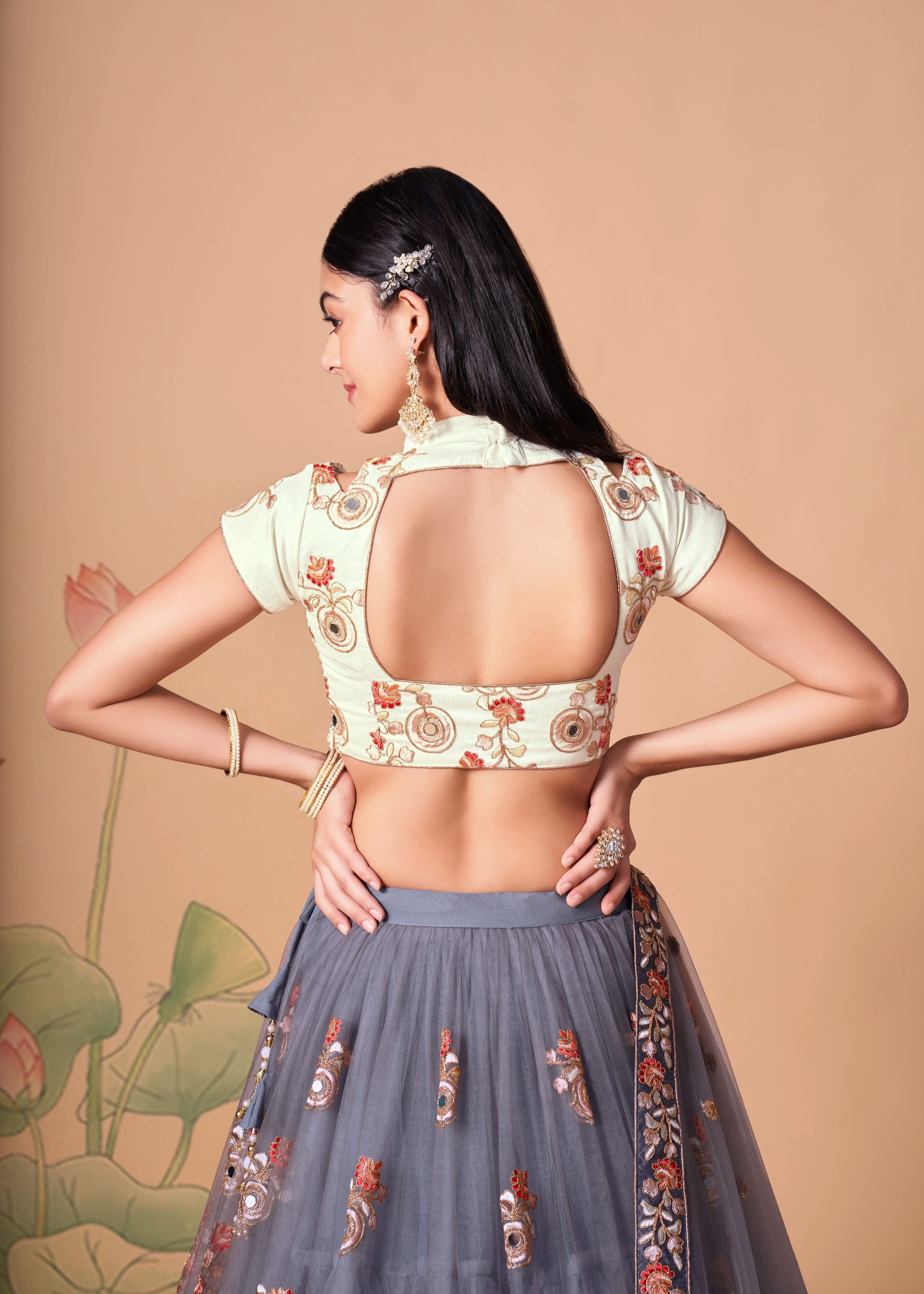 Grey Lehenga Choli With   Thread, Zari, Dori And Sequins Embroidery With Mirror Work