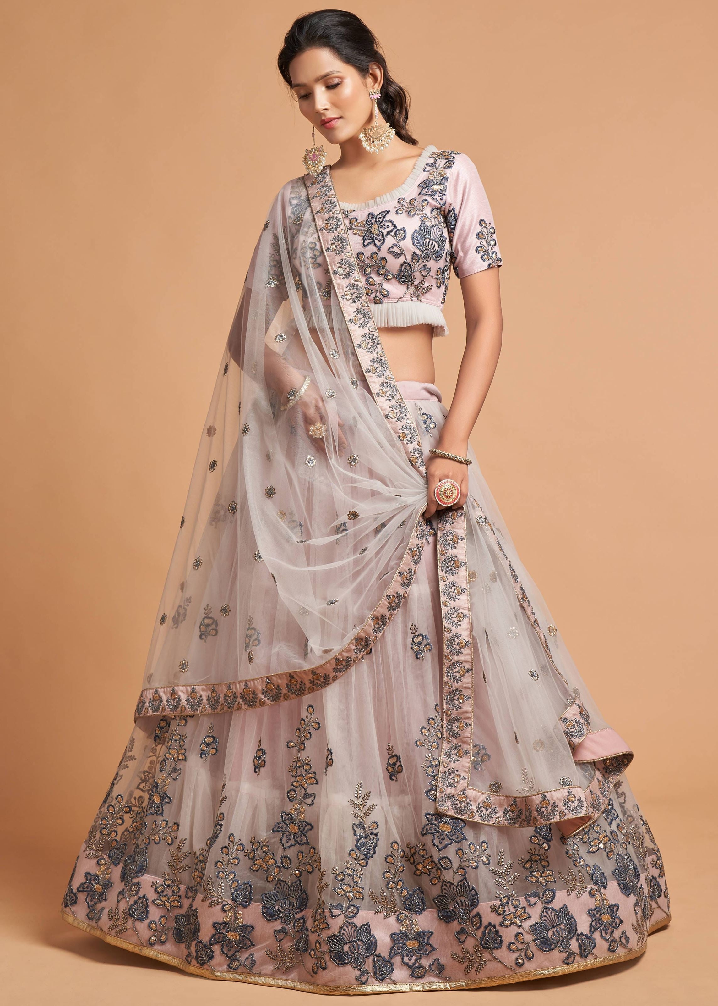 Grey Lehenga Choli With Thread, Zari, Dori And Sequins Embroidery Work