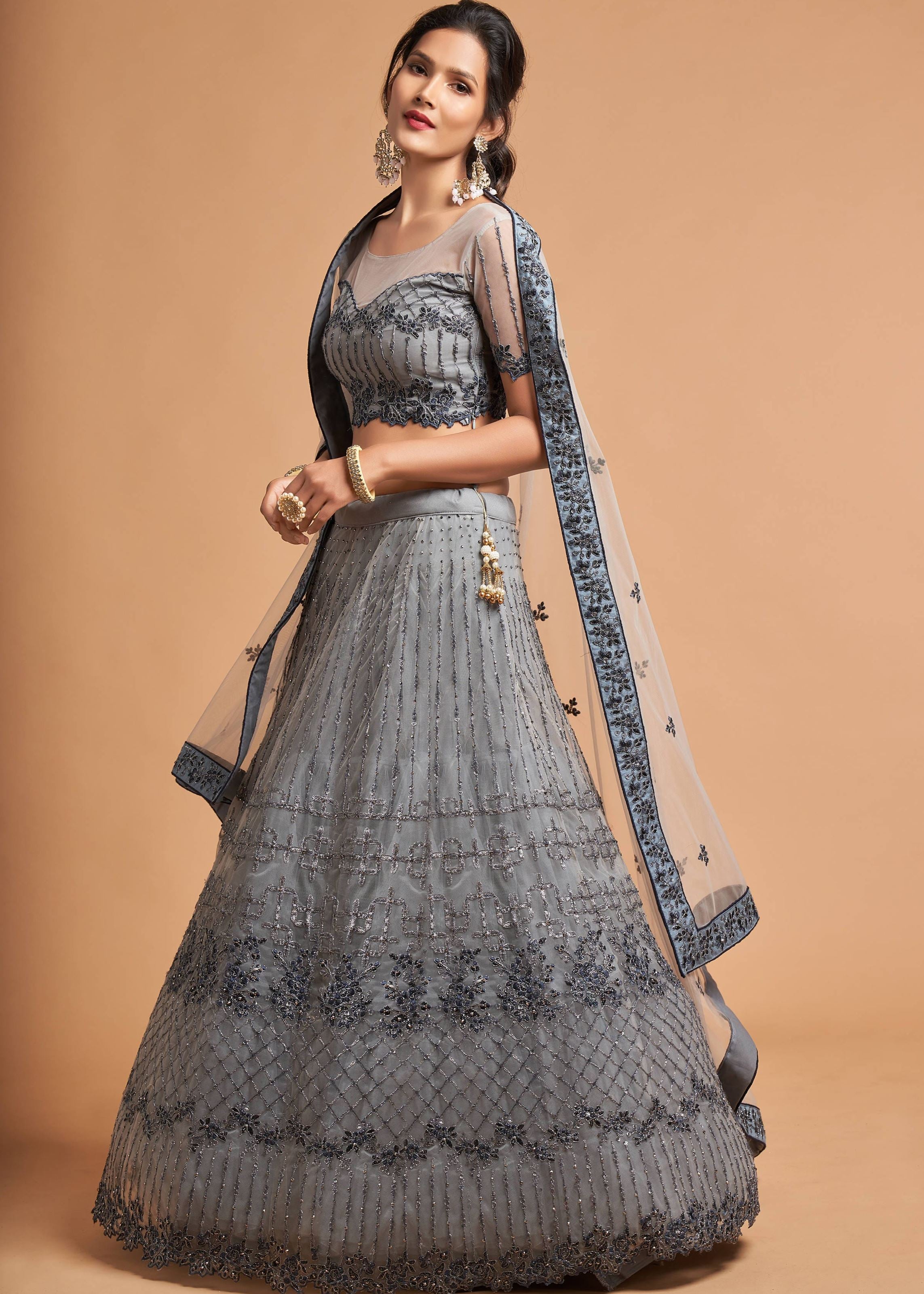 Grey Lehenga Choli With Zari, Badla, Dori And Threads Embroidery Work