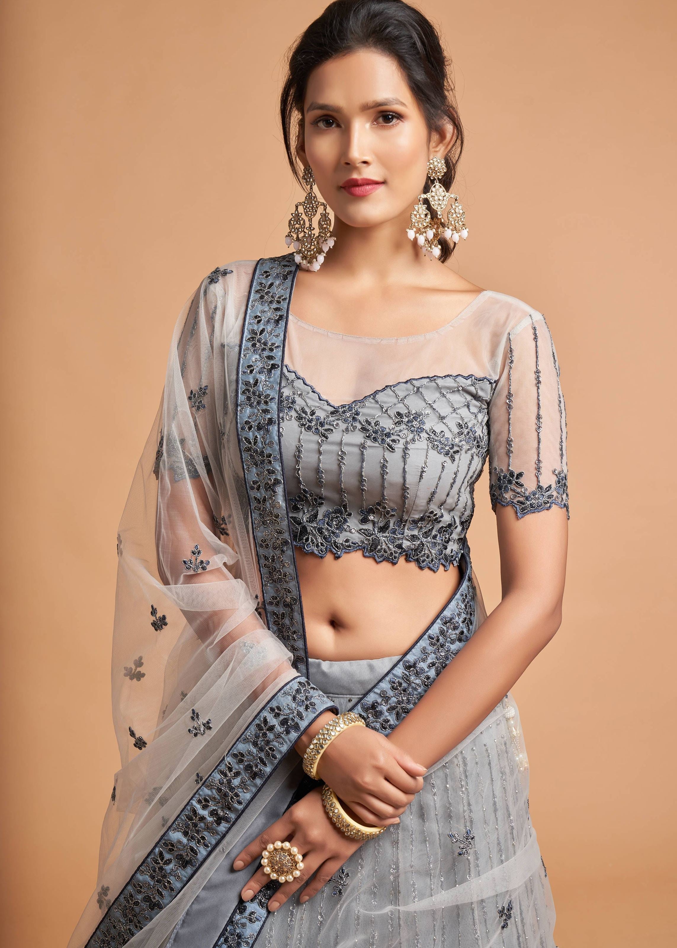 Grey Lehenga Choli With Zari, Badla, Dori And Threads Embroidery Work