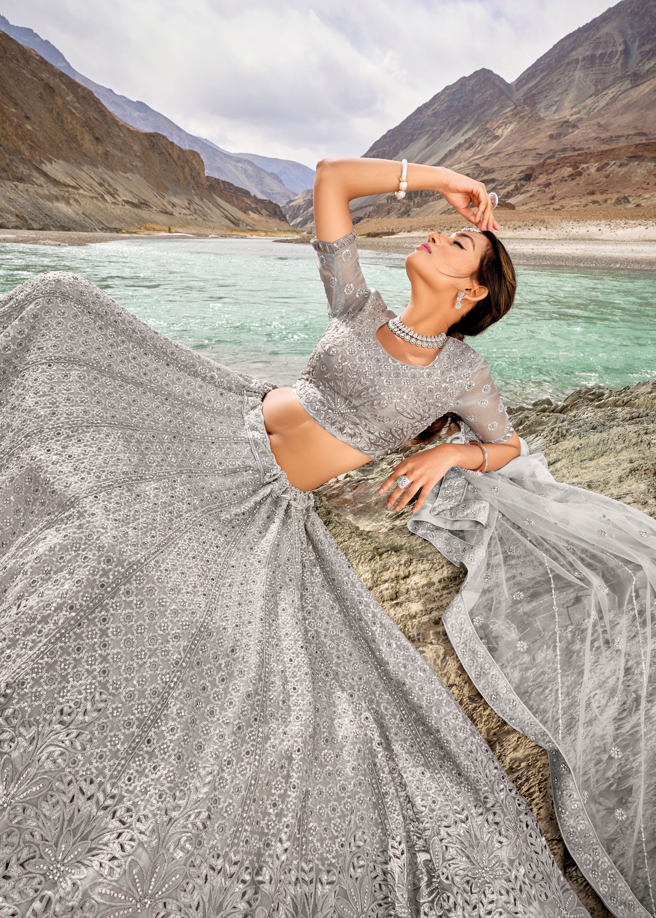 Grey Lehenga Choli with Embroidery with Cut Work, Mirror Work and Zarkan Work
