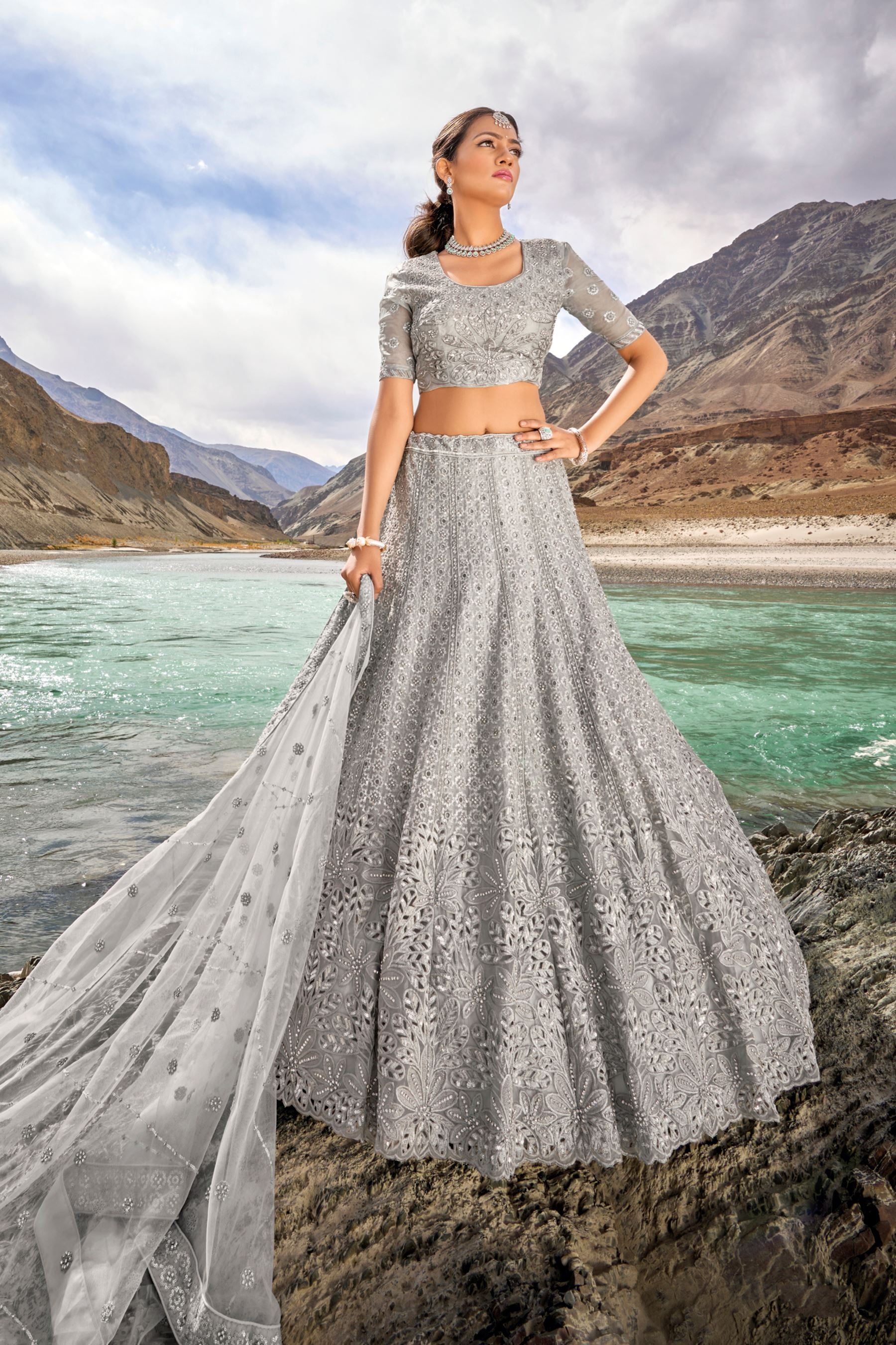 Grey Lehenga Choli with Embroidery with Cut Work, Mirror Work and Zarkan Work
