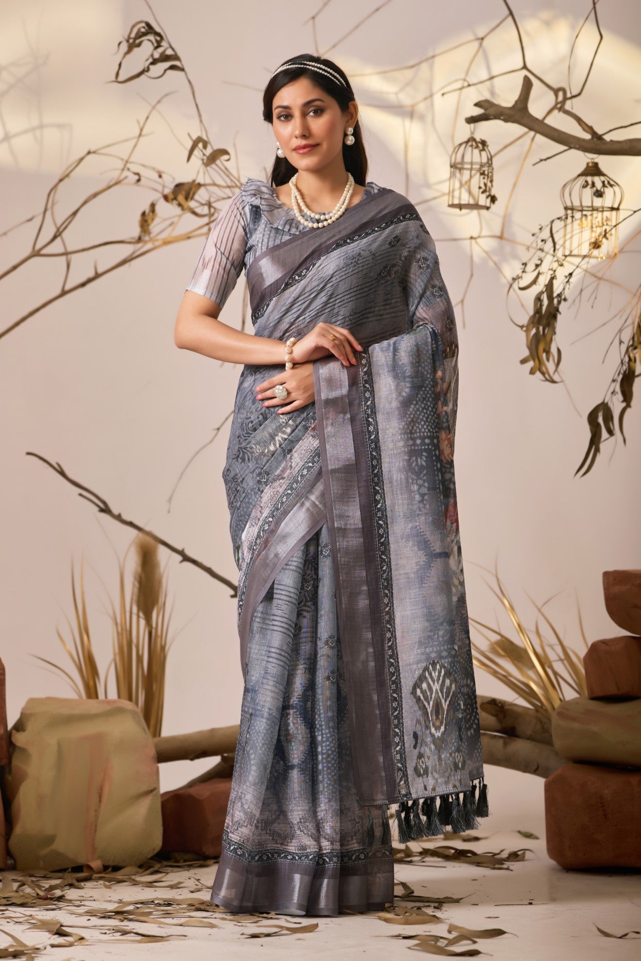 Grey Linen Cotton Saree With Digital Printed Classic Traditional Design