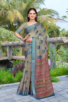 Grey Linen Cotton Woven Border Designer Printed Saree