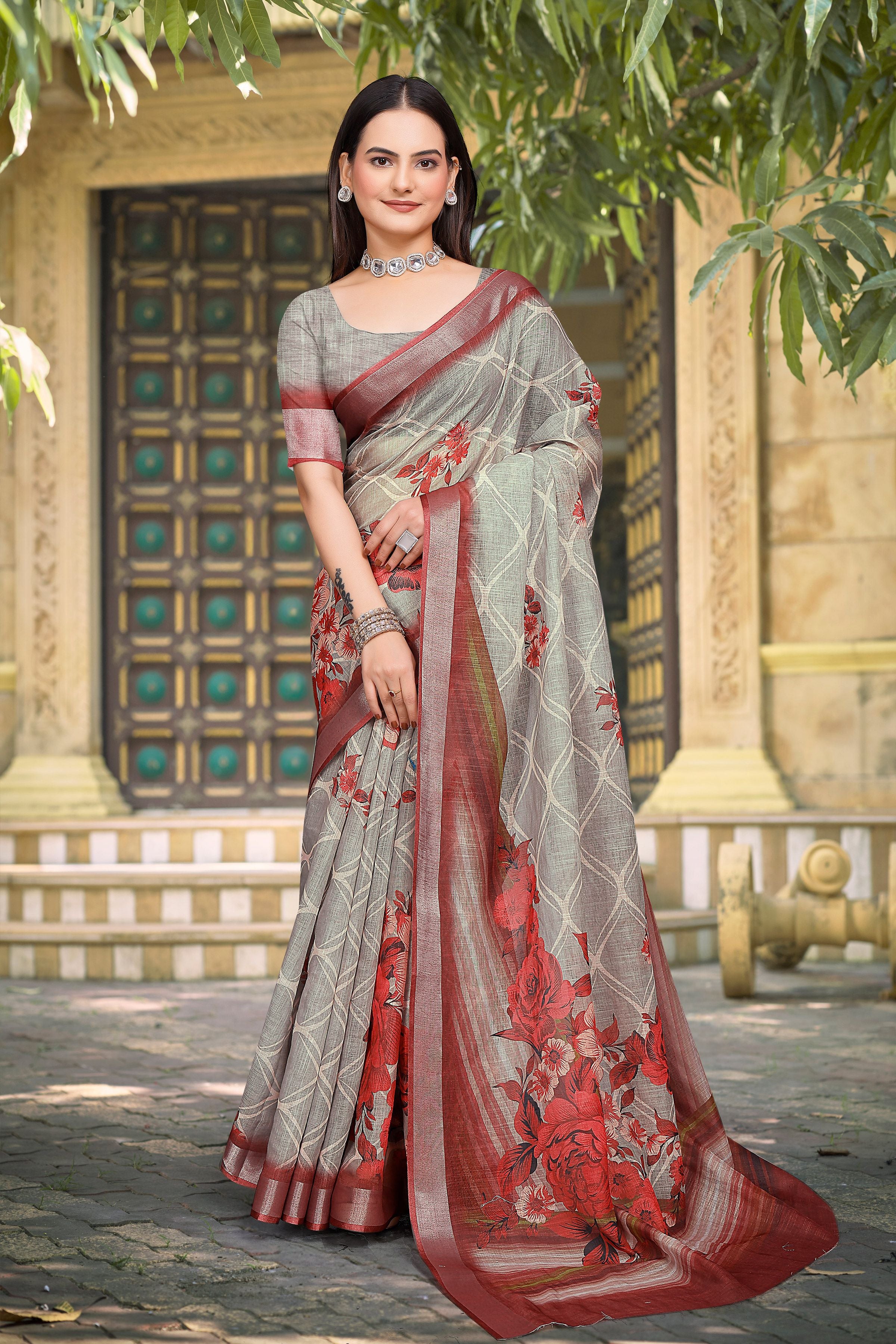 Grey Linen Cotton Woven Border Designer Printed Saree