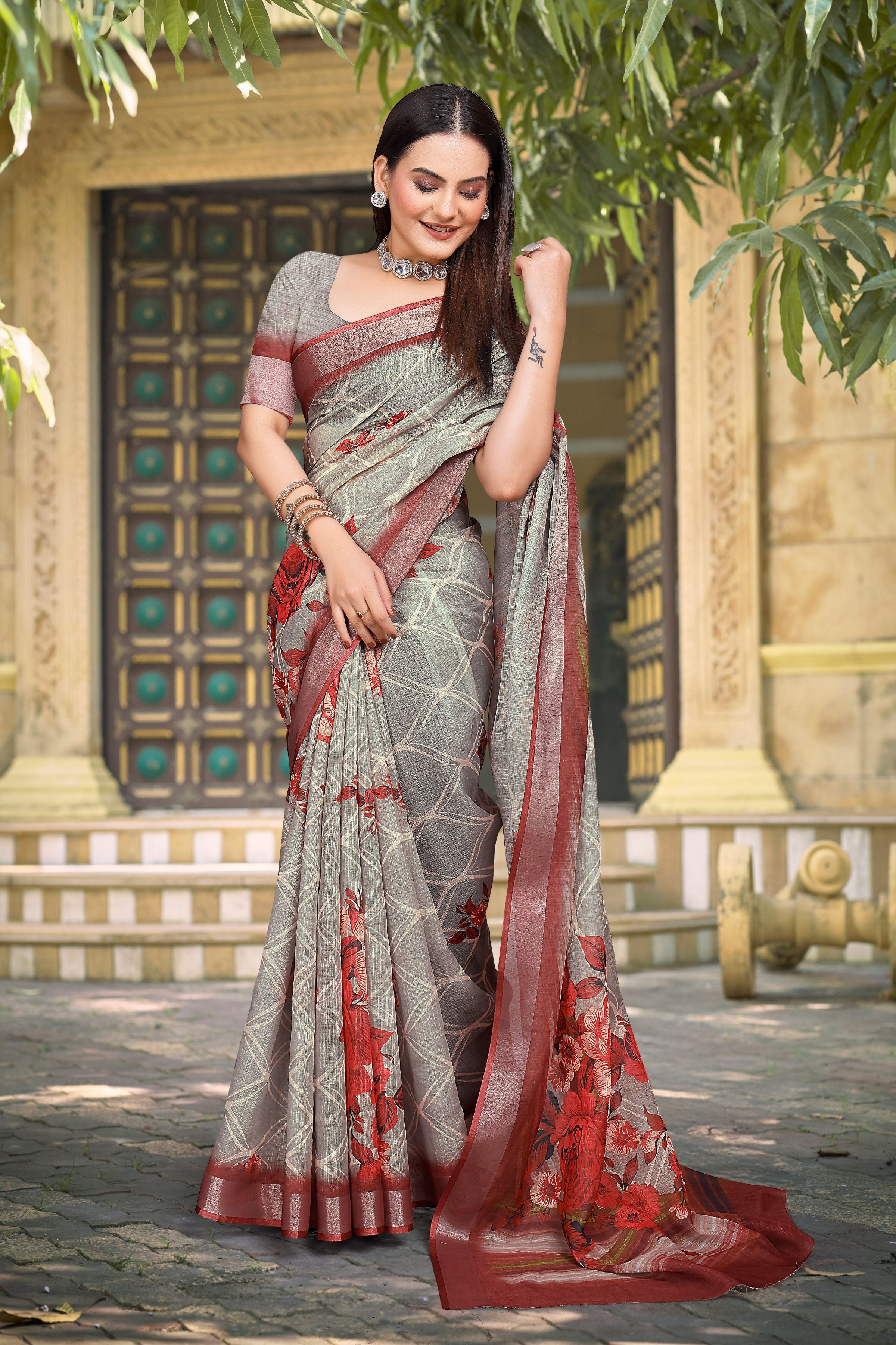 Grey Linen Cotton Woven Border Designer Printed Saree