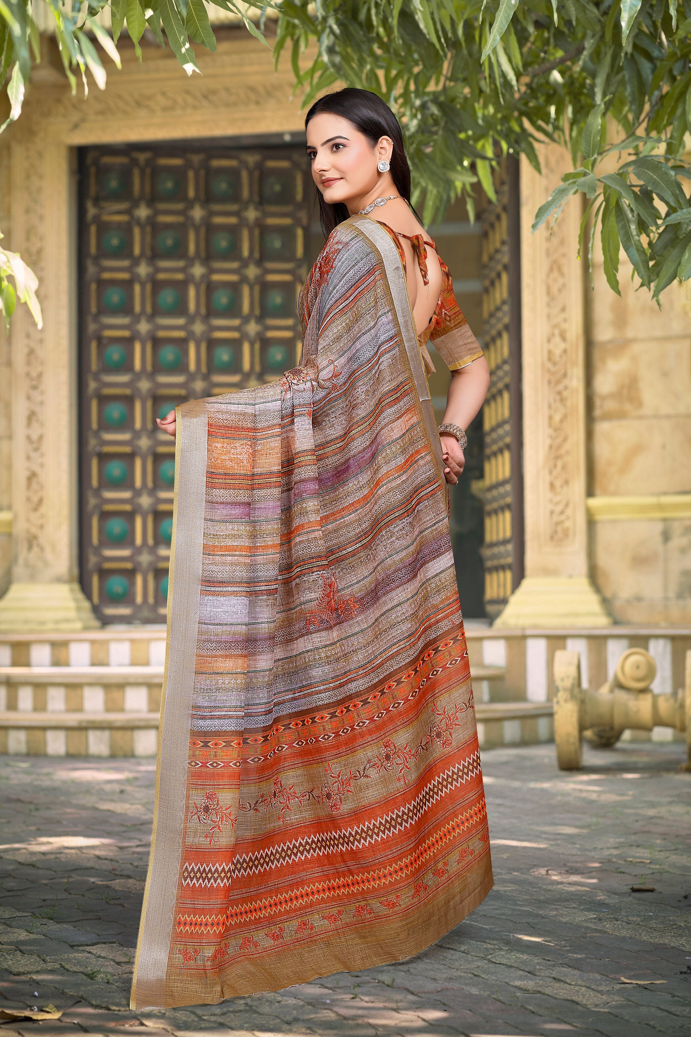 Grey Linen Cotton Woven Border Designer Printed Saree
