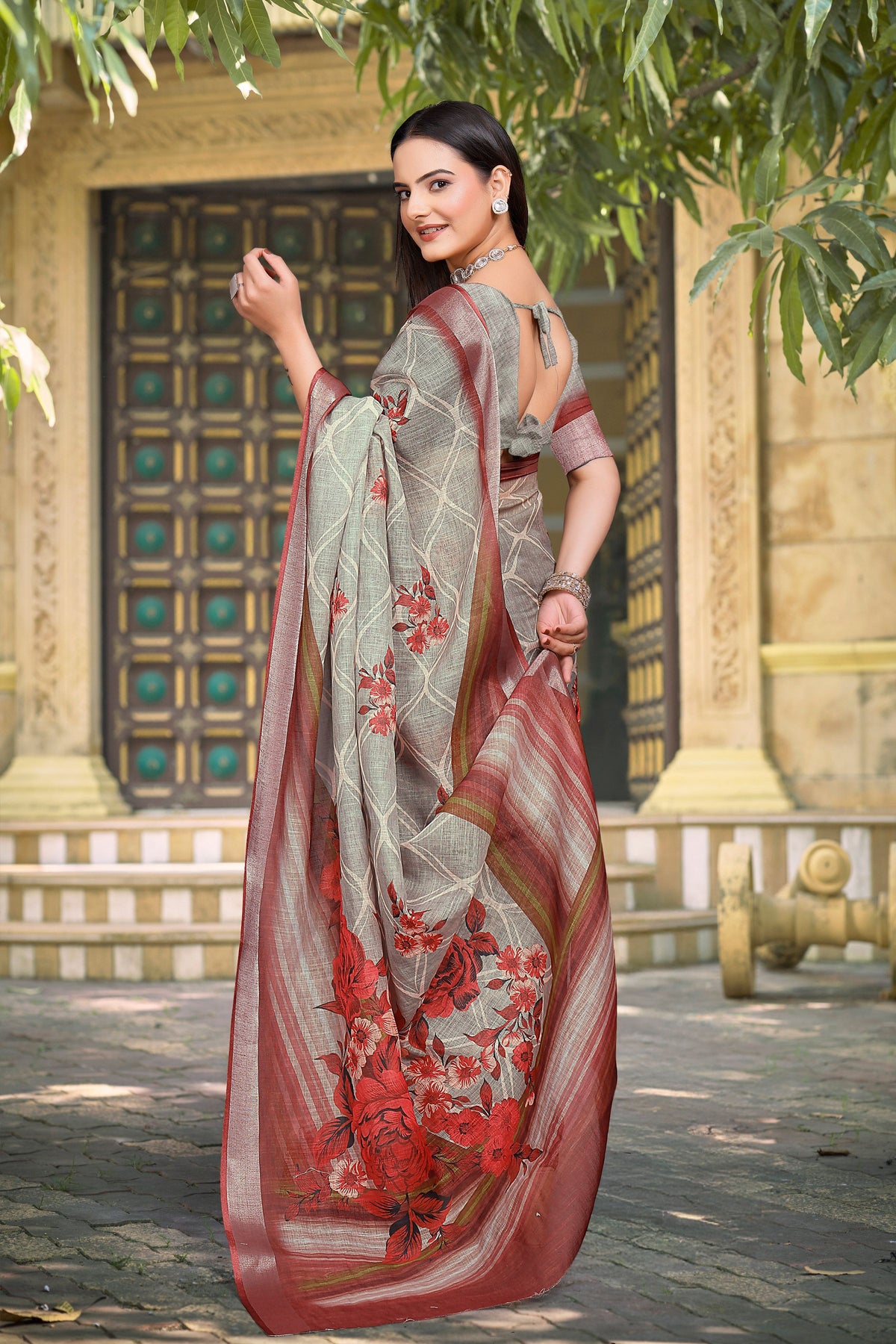 Grey Linen Cotton Woven Border Designer Printed Saree