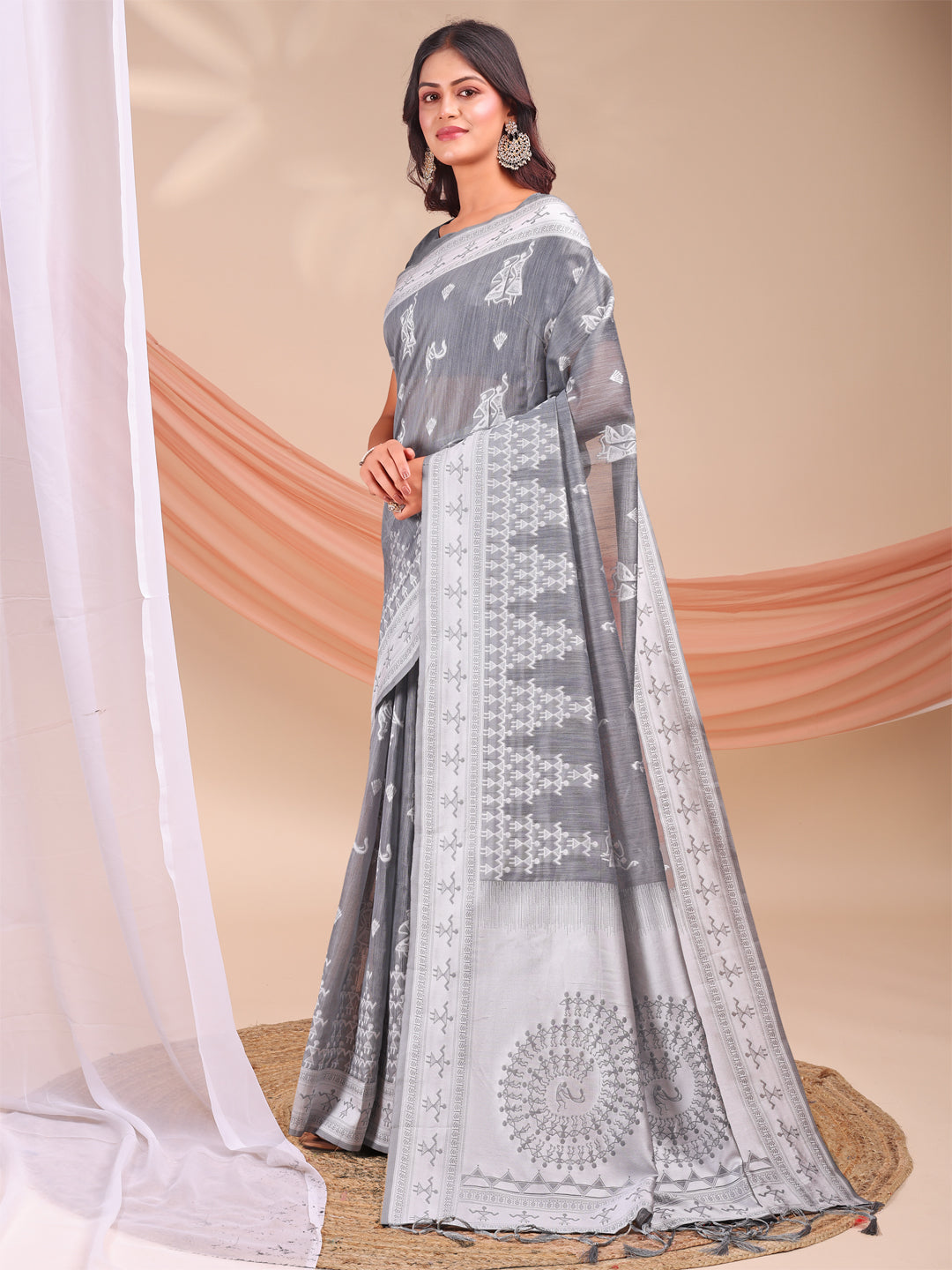 Grey Linen Cotton Woven Jacquard Designer Beautiful Partywear Saree