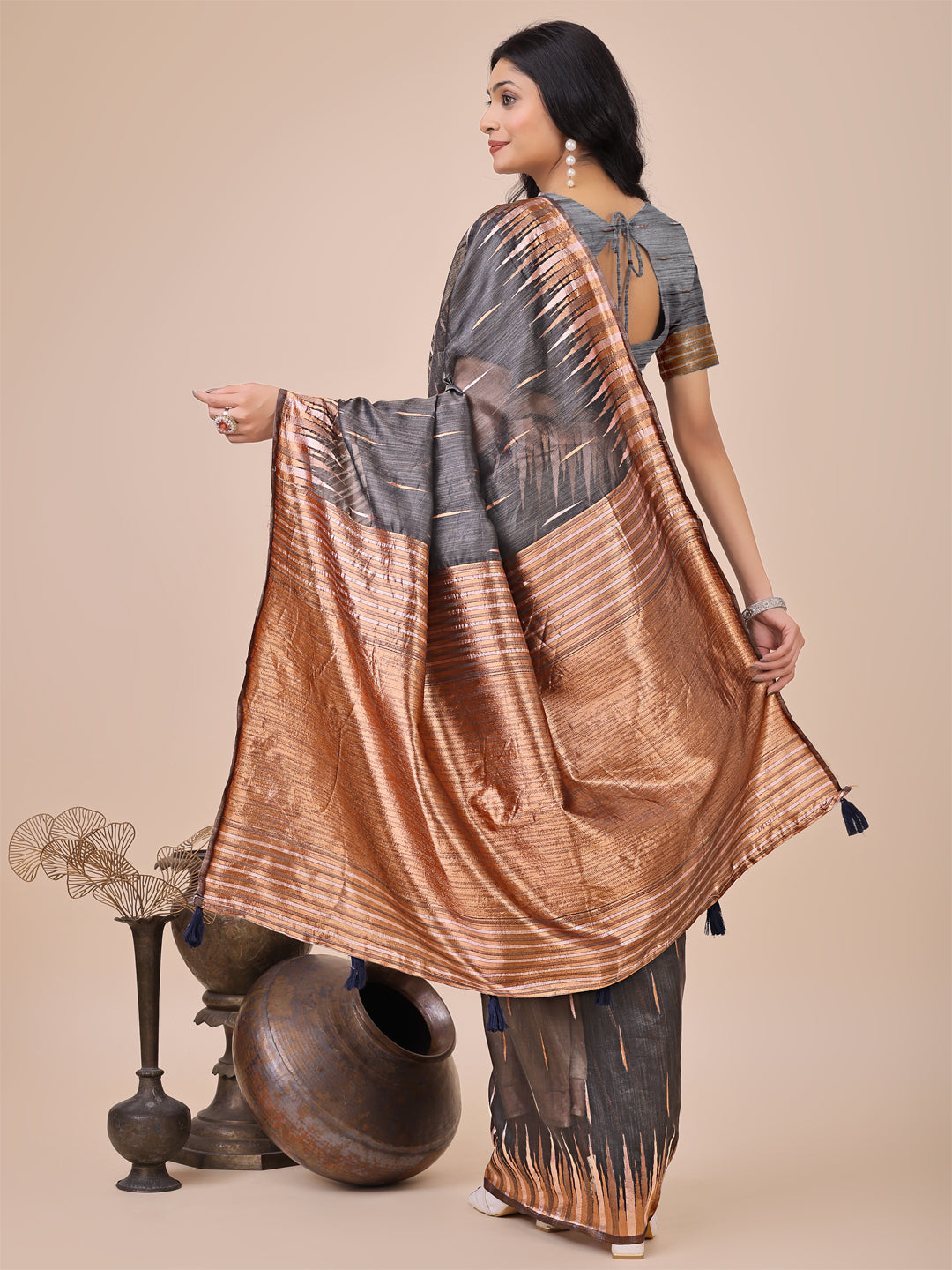 Grey Linen Cotton Woven Jacquard Designer Festive Wear Saree