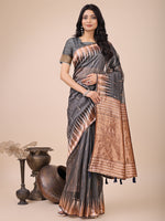 Grey Linen Cotton Woven Jacquard Designer Festive Wear Saree