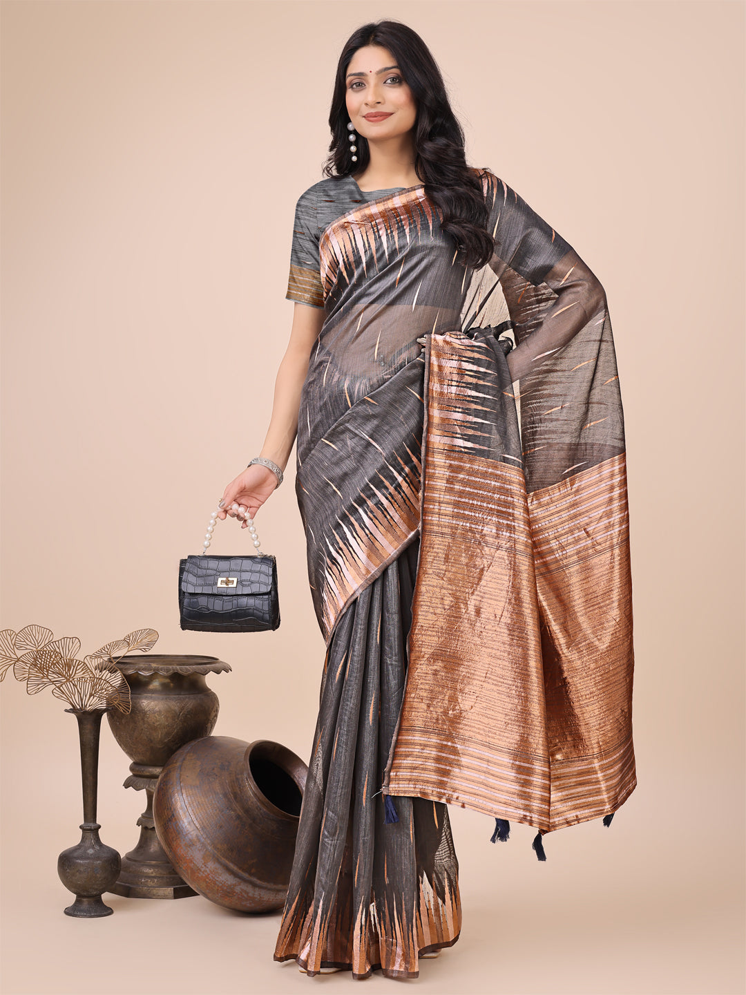 Grey Linen Cotton Woven Jacquard Designer Festive Wear Saree