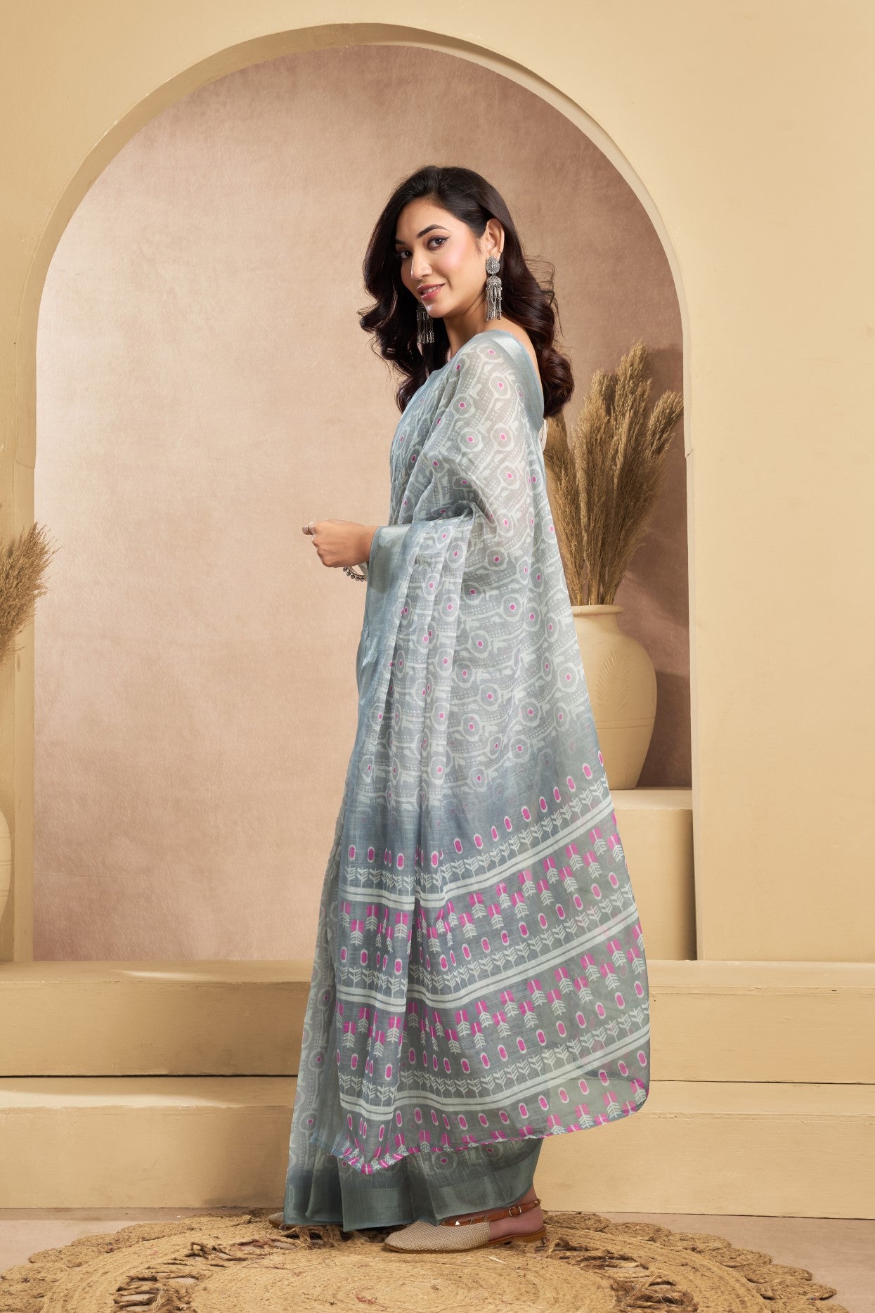 Grey Linen Ready To Wear Saree With Zari Border Printed