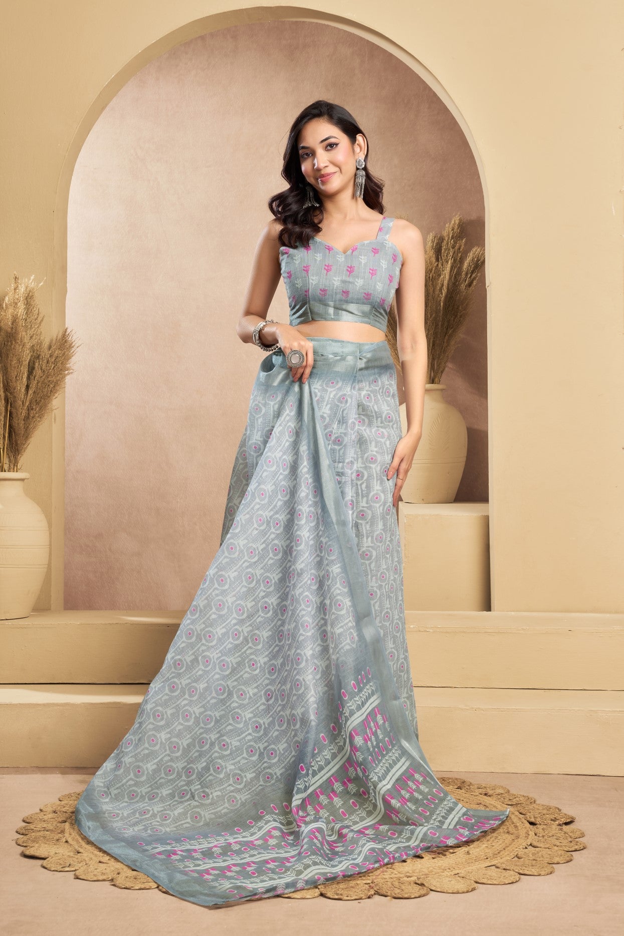 Grey Linen Ready To Wear Saree With Zari Border Printed