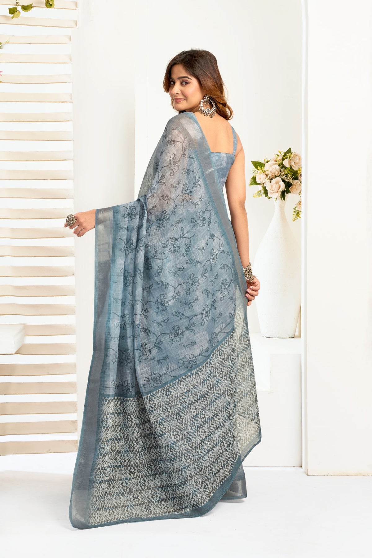 Grey Linen Ready To Wear Saree With Zari Border Printed