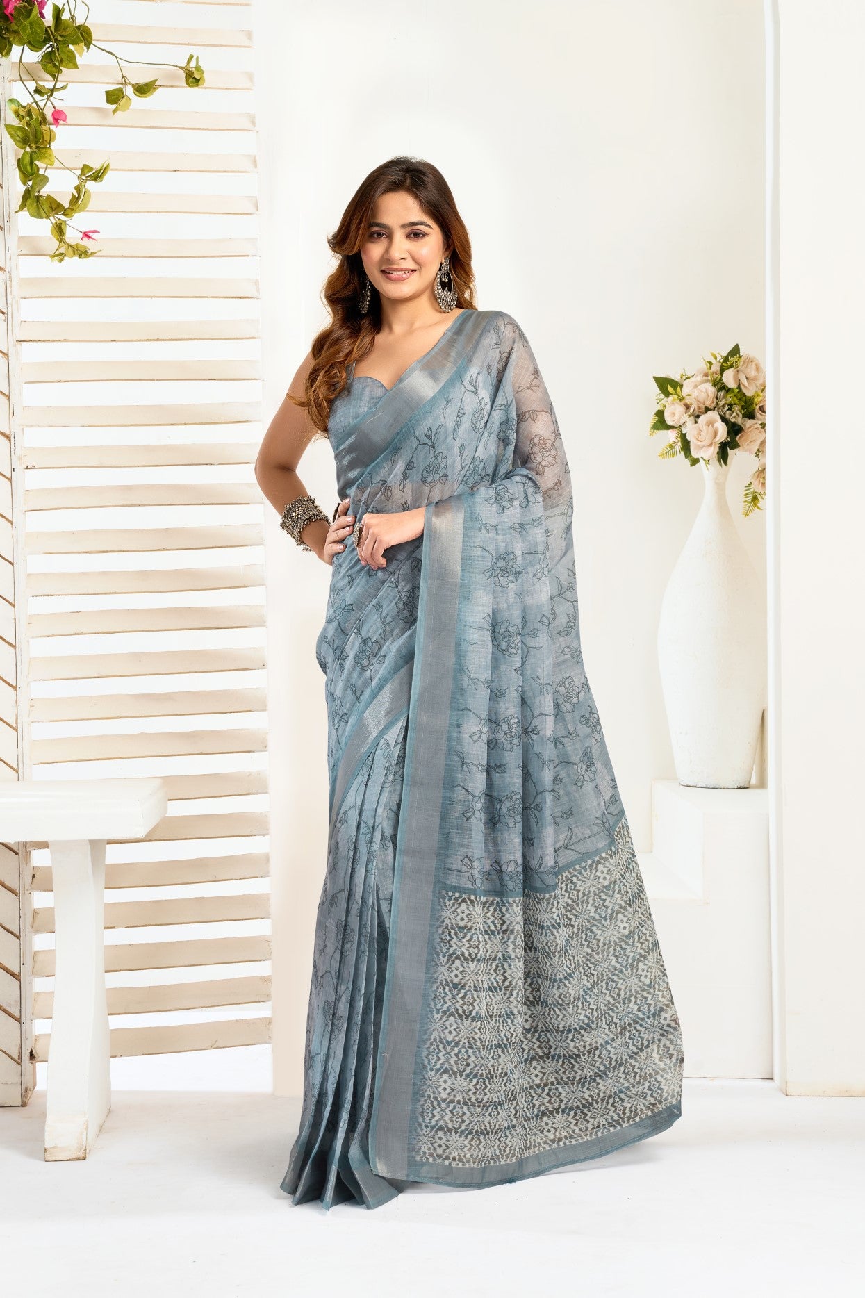 Grey Linen Ready To Wear Saree With Zari Border Printed