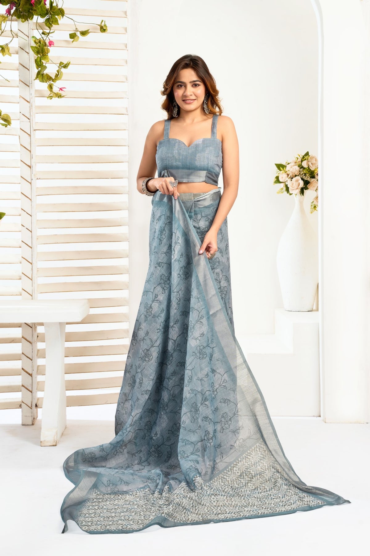 Grey Linen Ready To Wear Saree With Zari Border Printed