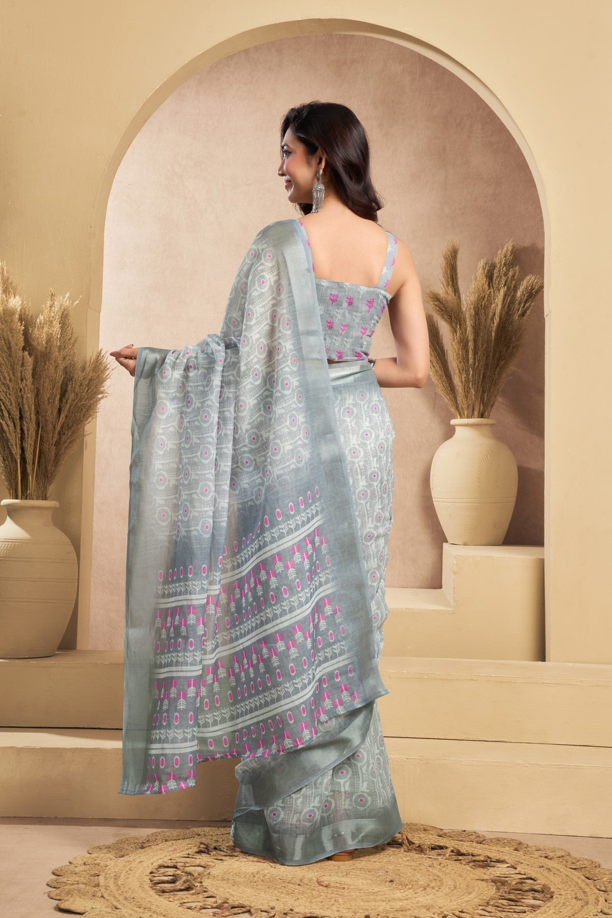 Grey Linen Ready To Wear Saree With Zari Border Printed