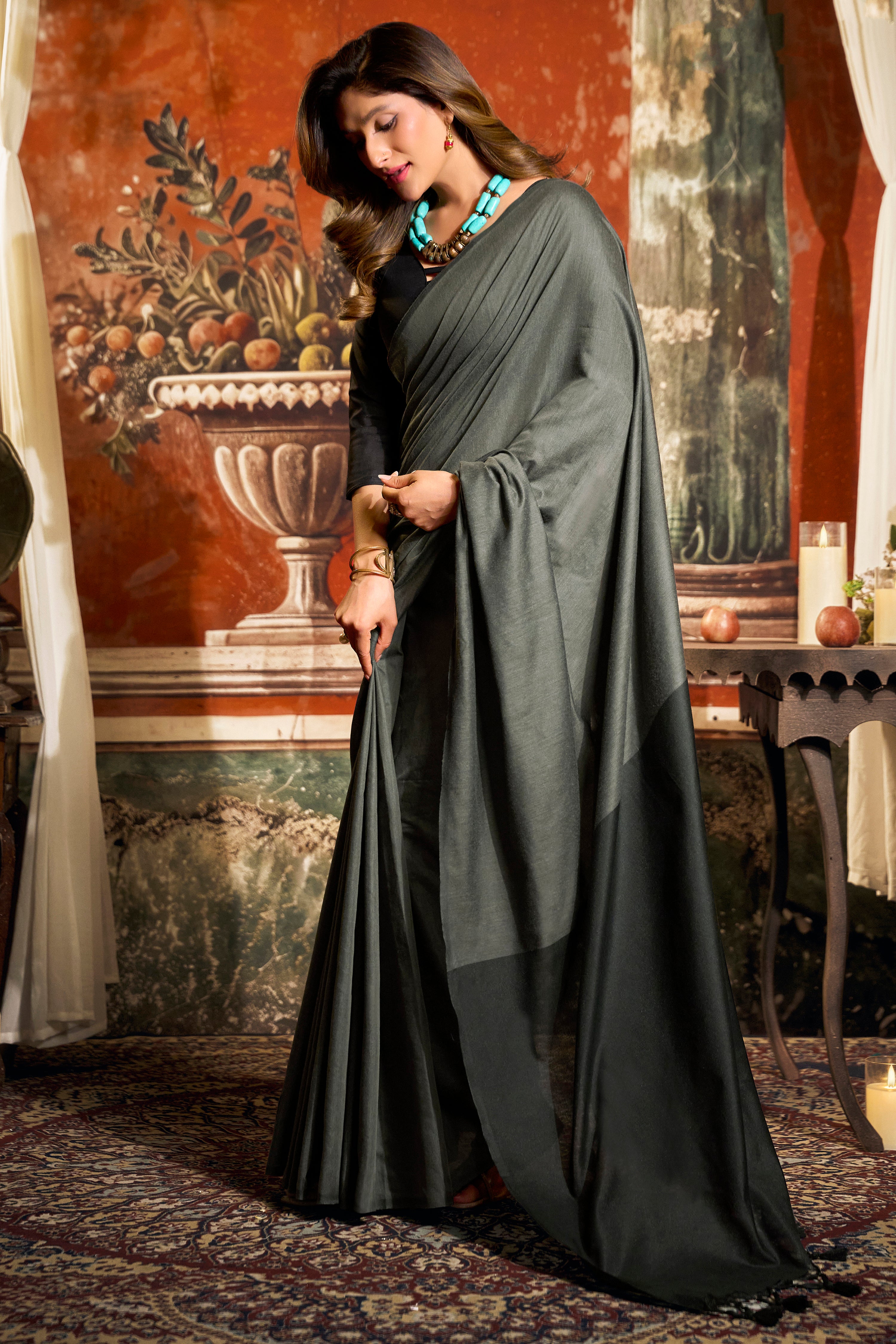 Grey Mal Cotton Saree with Designer Tassel Border Work