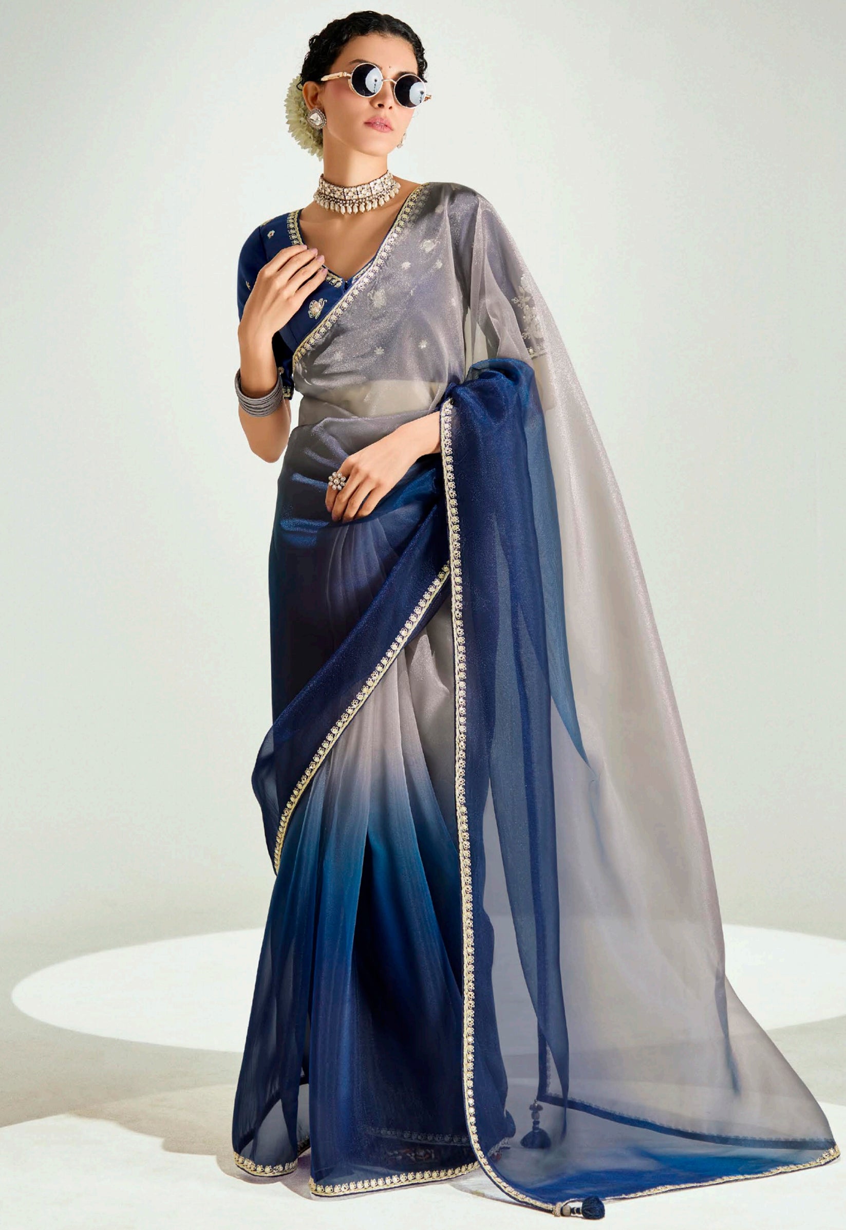 Grey Navy Blue Organza Saree with Embroidered Blouse