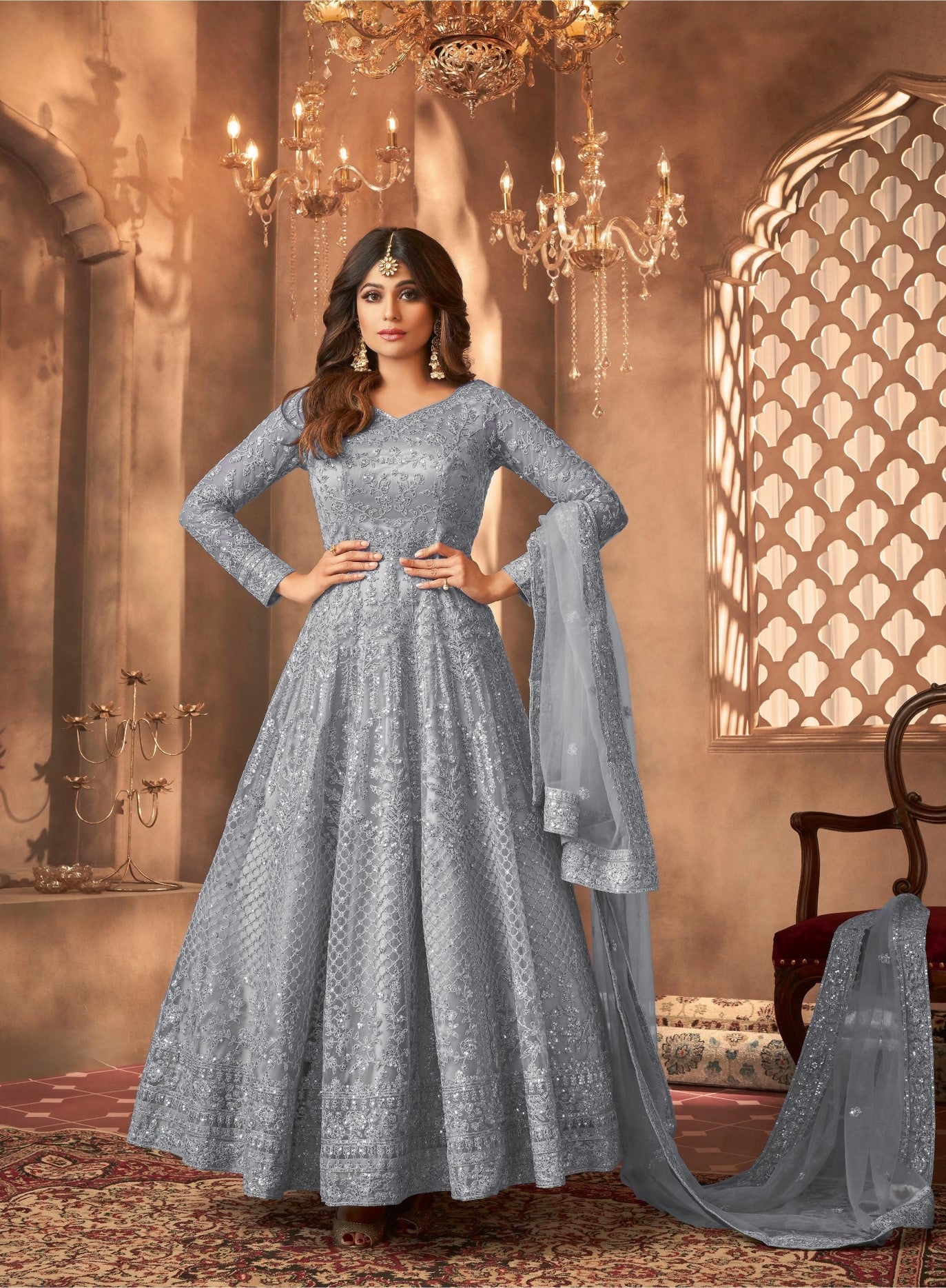 Grey Net Designer Suit Set With Intricate Embroidery