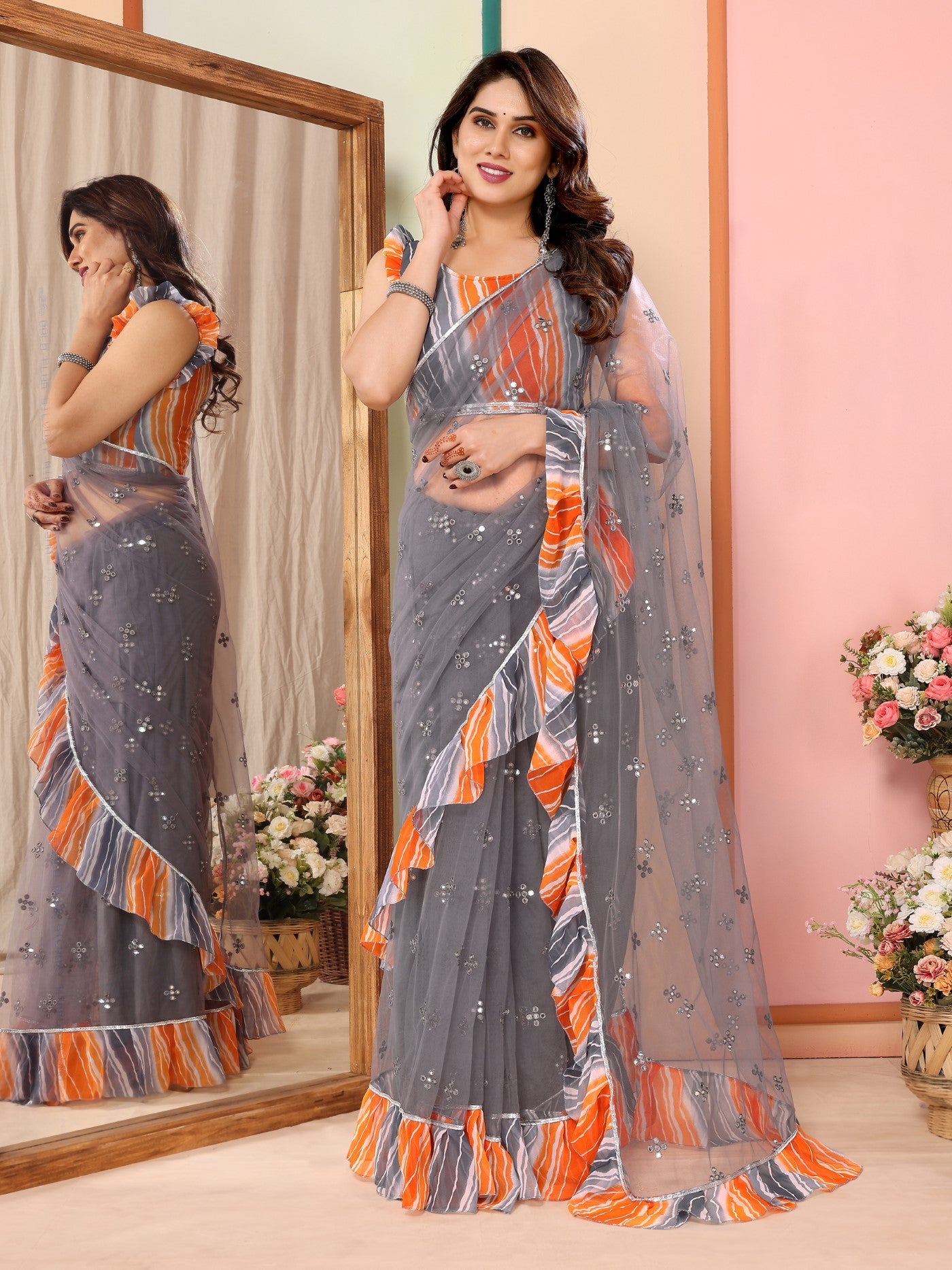 Grey Net Saree with Mirror Work & Ruffle with Leheriya Blouse