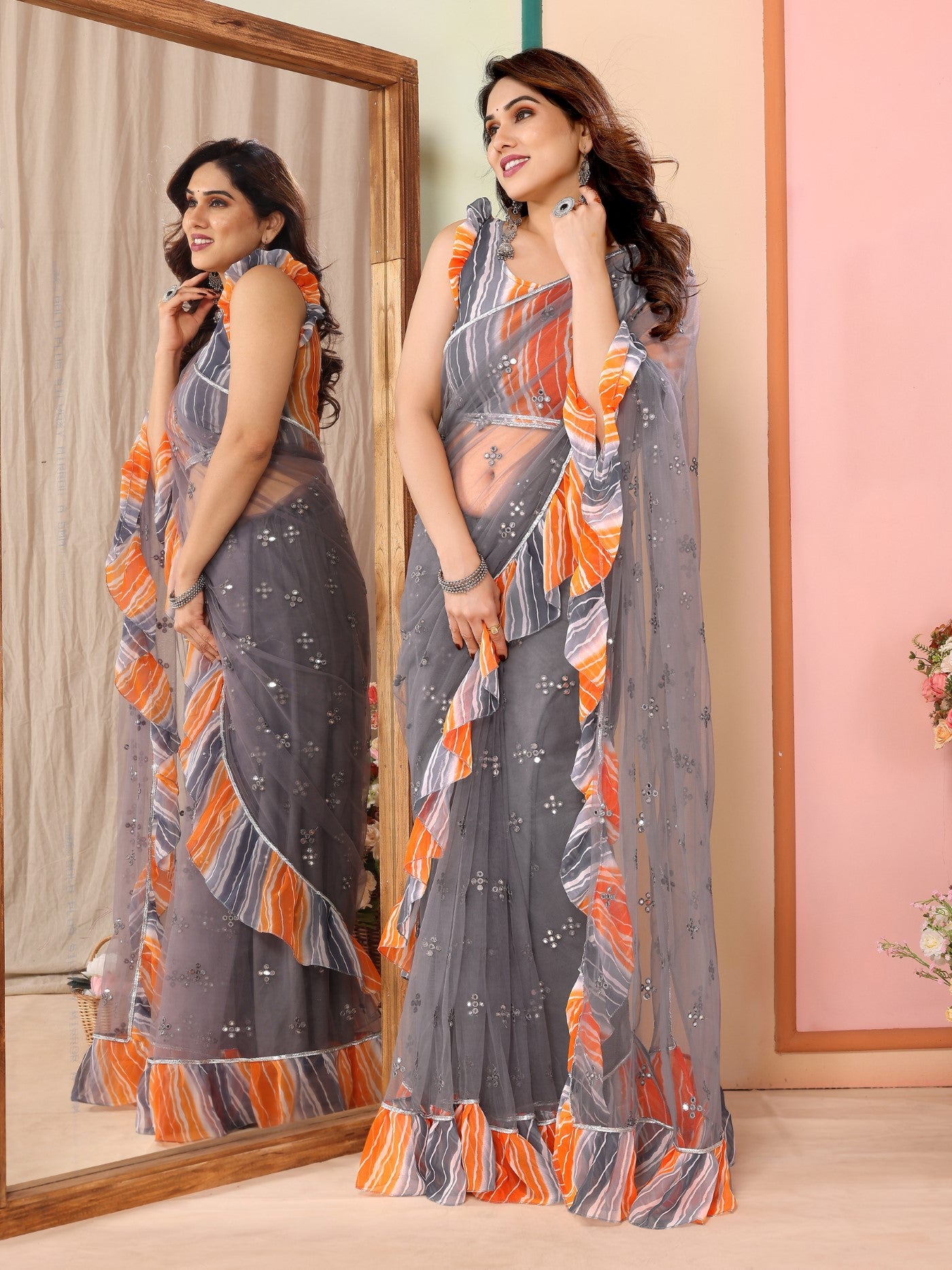 Grey Net Saree with Mirror Work & Ruffle with Leheriya Blouse