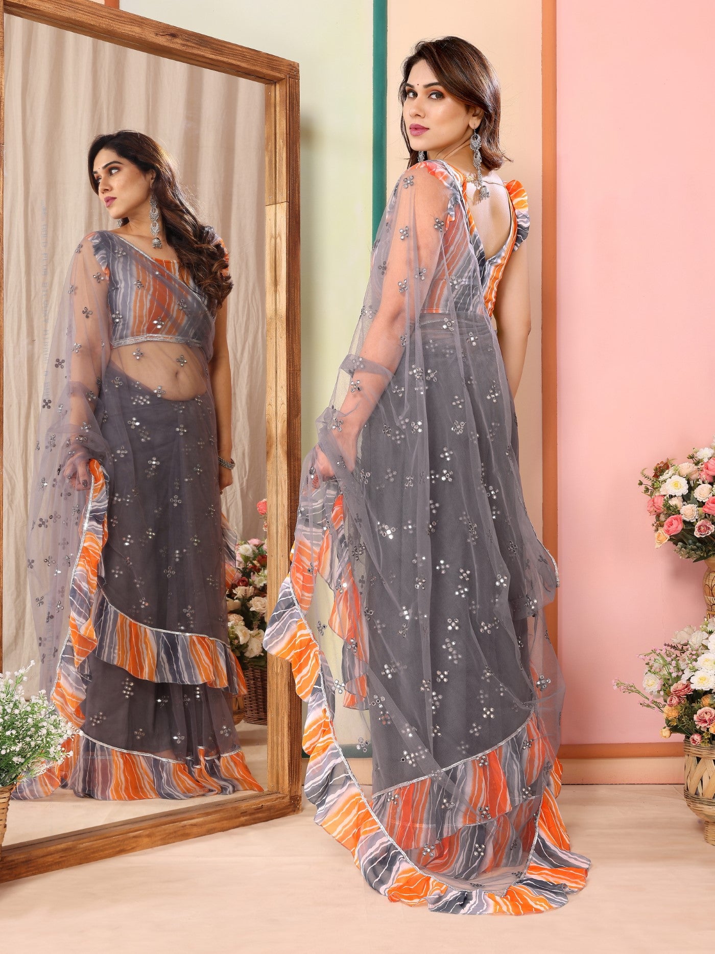 Grey Net Saree with Mirror Work & Ruffle with Leheriya Blouse
