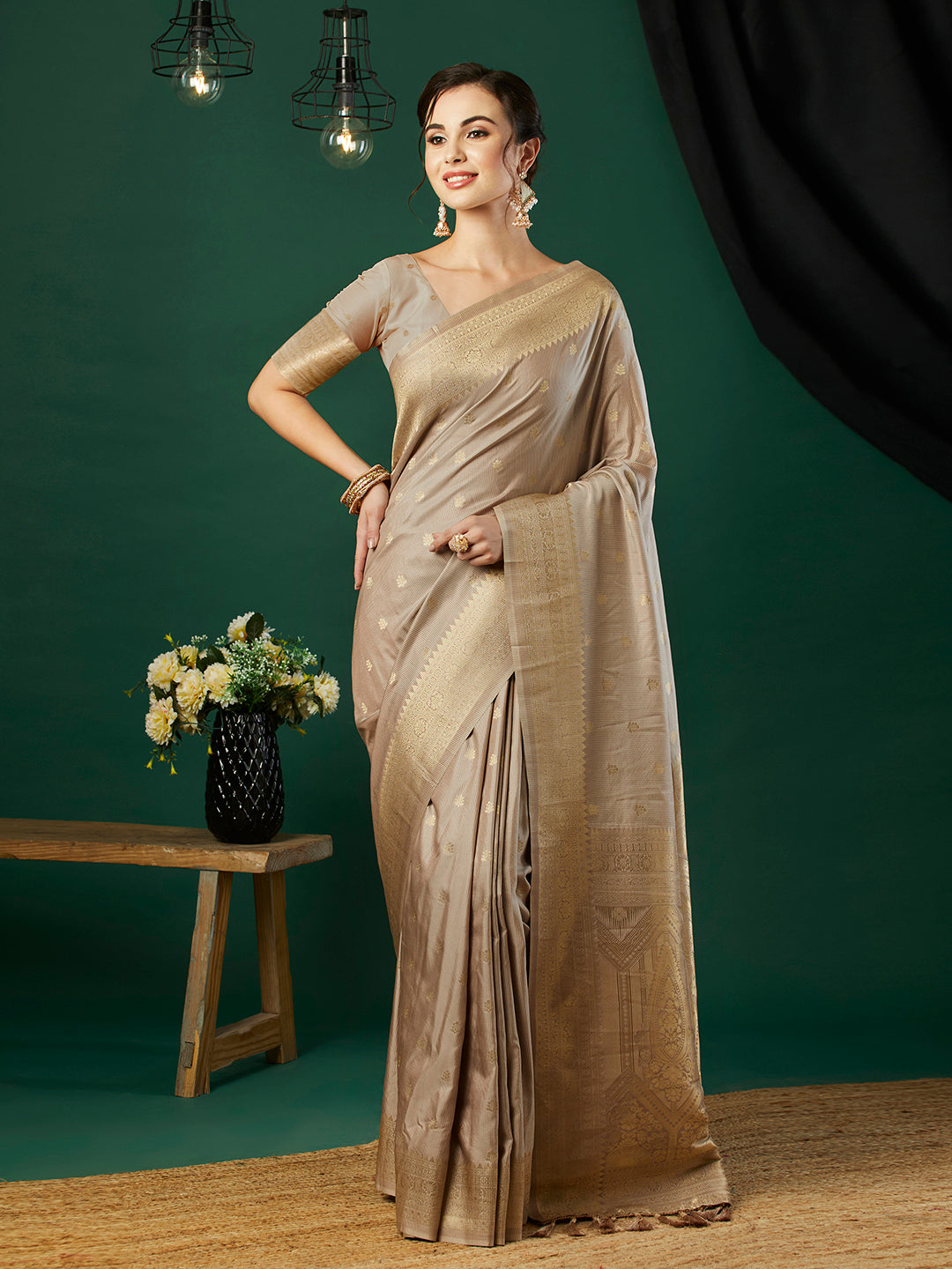 Grey Nylon Banarasi Woven Jacquard Designer Ethnic Indian Traditional Look Saree