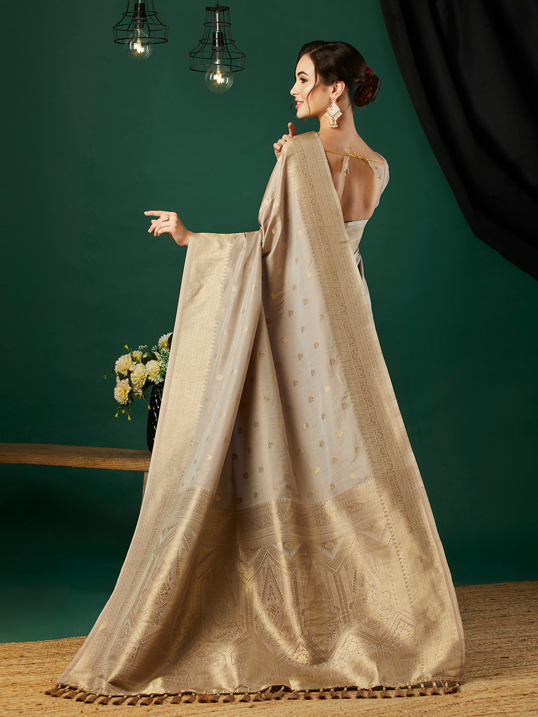 Grey Nylon Banarasi Woven Jacquard Designer Ethnic Indian Traditional Look Saree