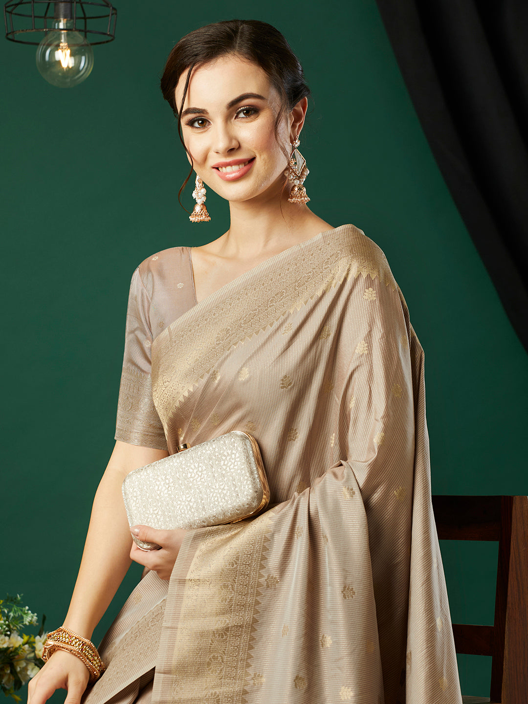Grey Nylon Banarasi Woven Jacquard Designer Ethnic Indian Traditional Look Saree