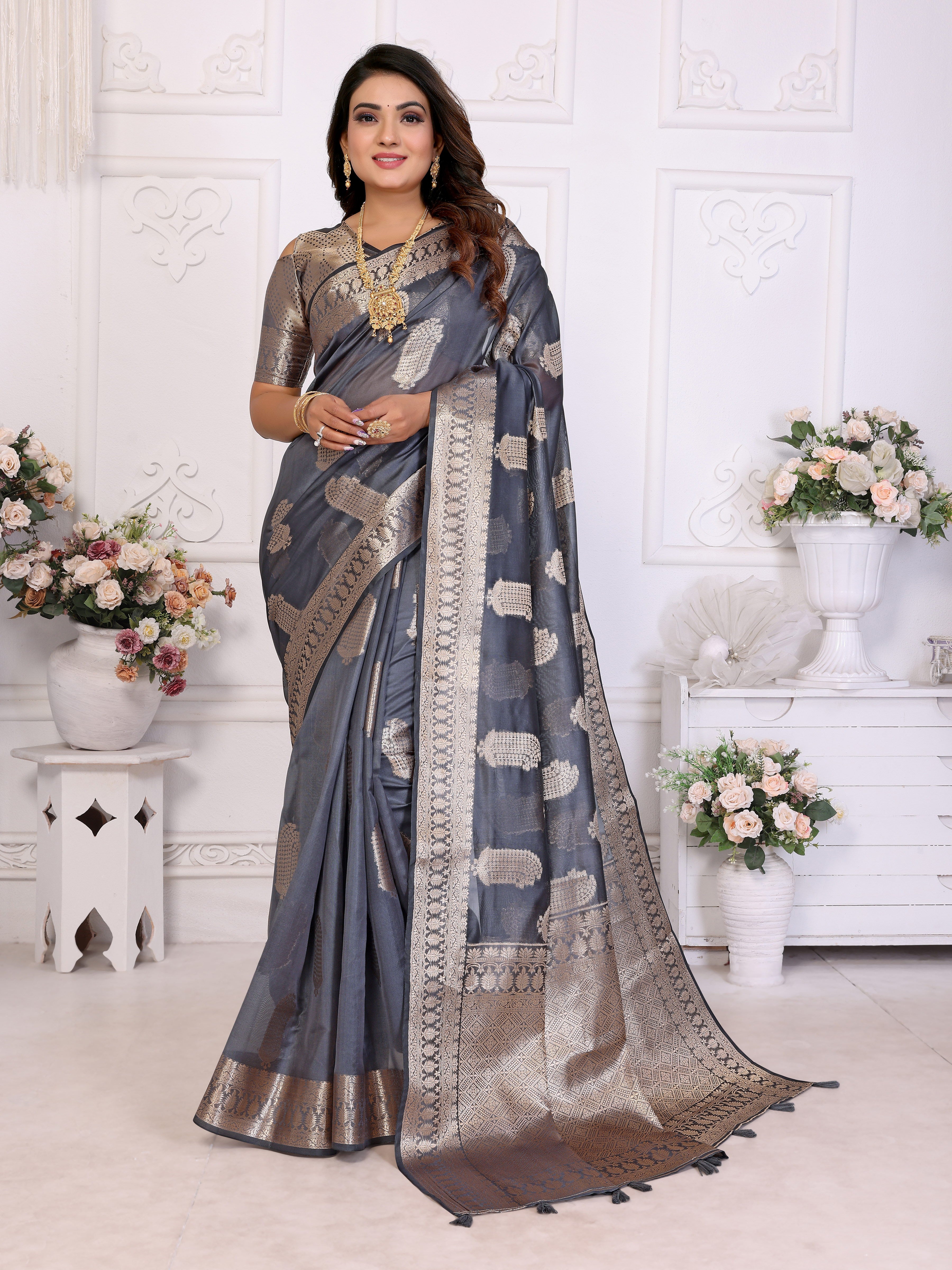 Grey Organza Gold Zari Designer Beautiful Festive Saree