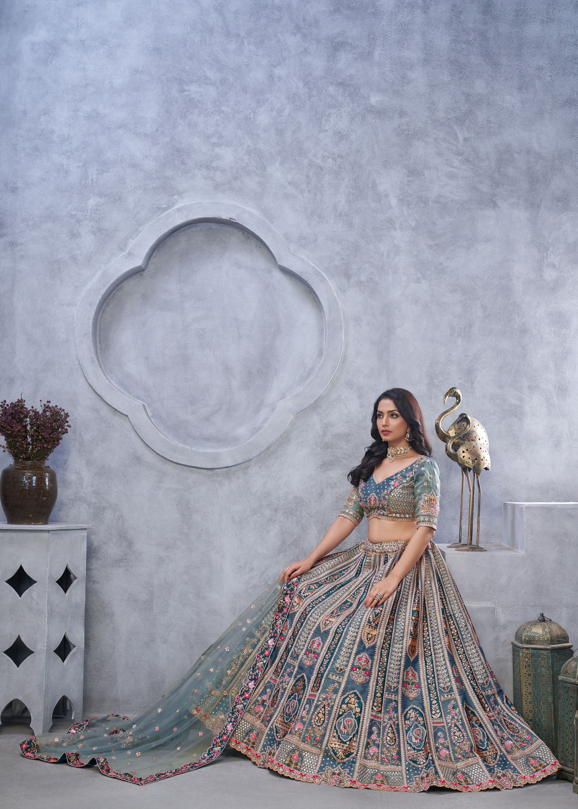 Grey Organza Silk Intricate Paisley Motifs Traditional Embroidered Wedding Lehenga Choli With Soft Net Dupatta