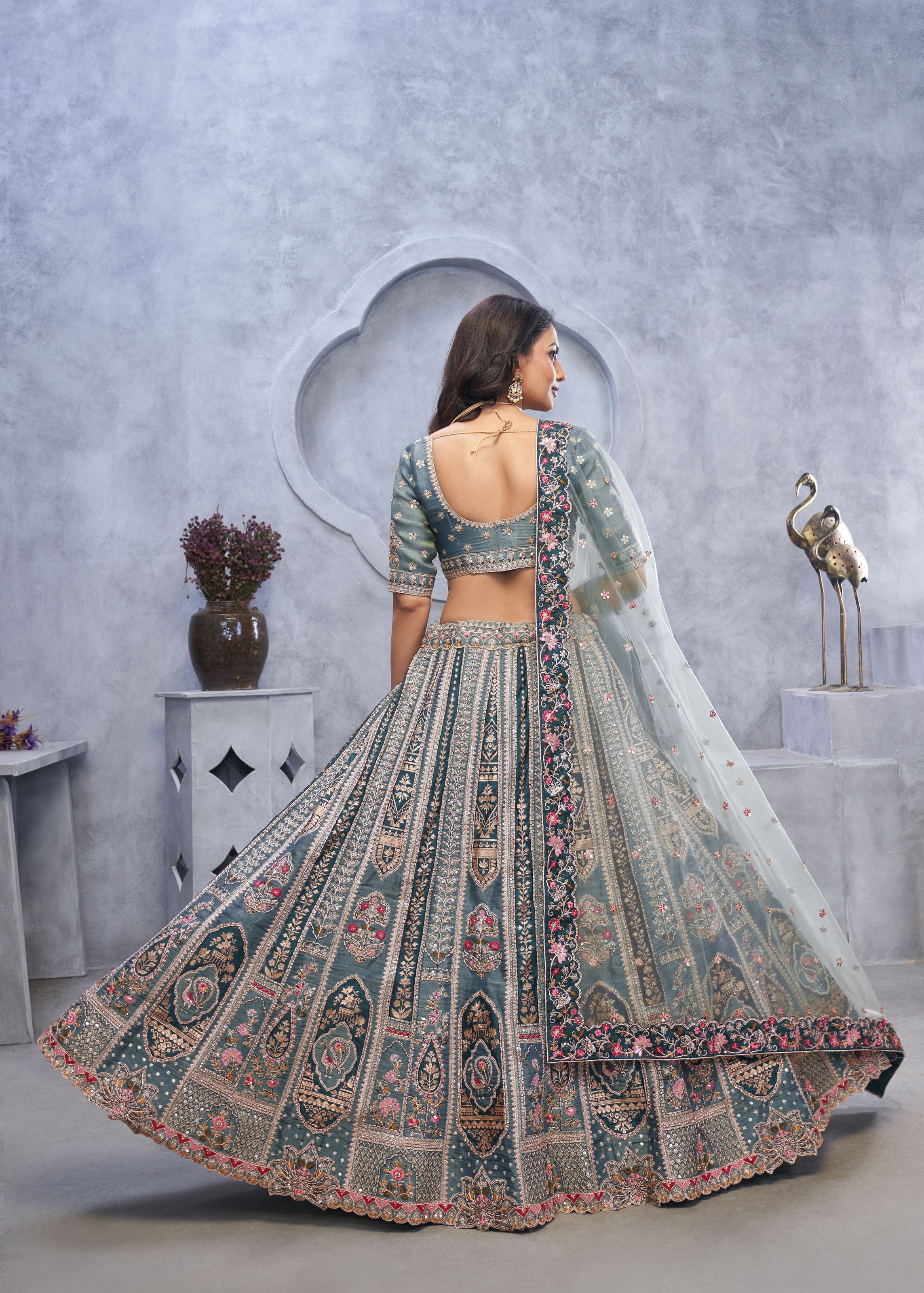 Grey Organza Silk Intricate Paisley Motifs Traditional Embroidered Wedding Lehenga Choli With Soft Net Dupatta
