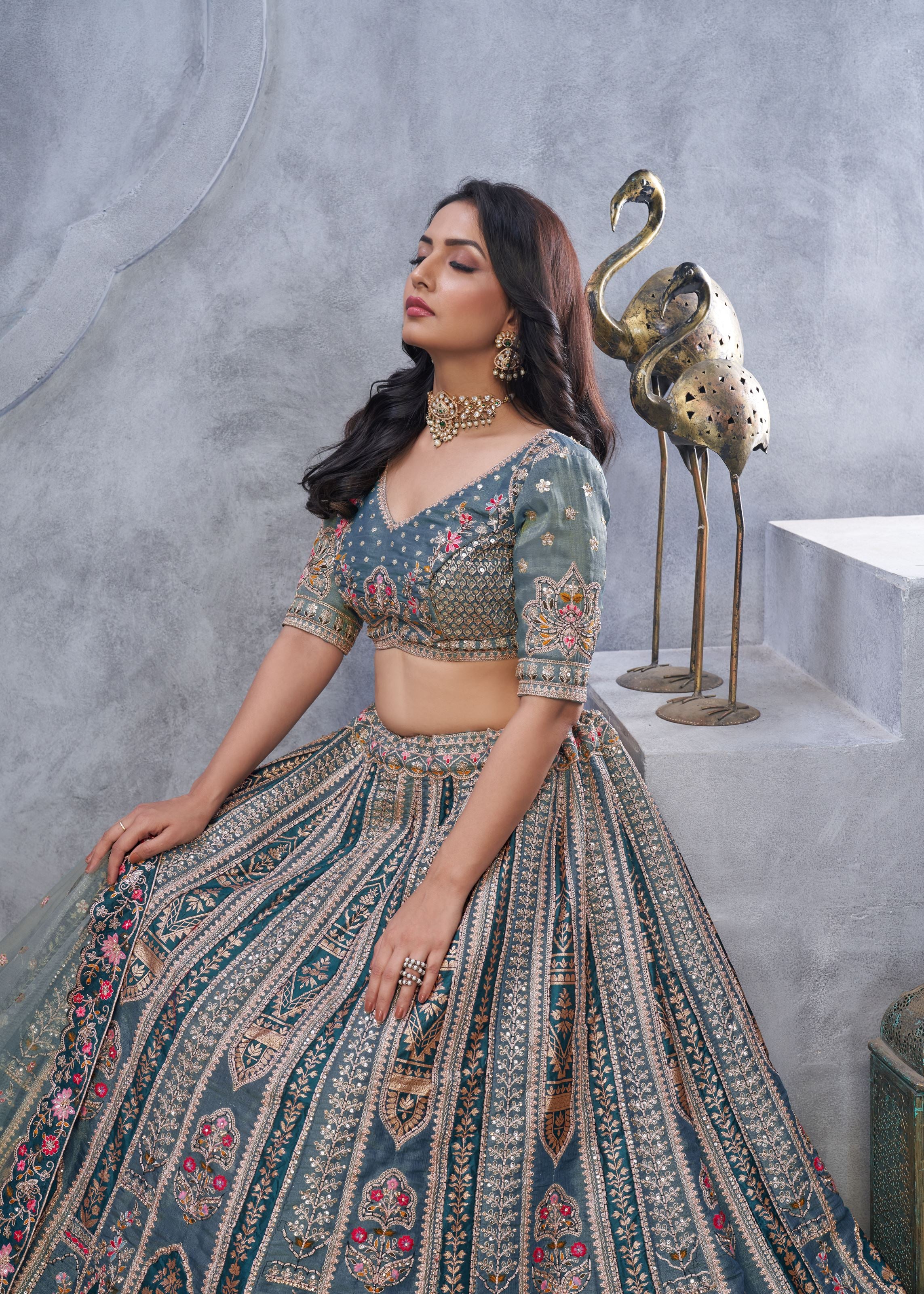 Grey Organza Silk Intricate Paisley Motifs Traditional Embroidered Wedding Lehenga Choli With Soft Net Dupatta