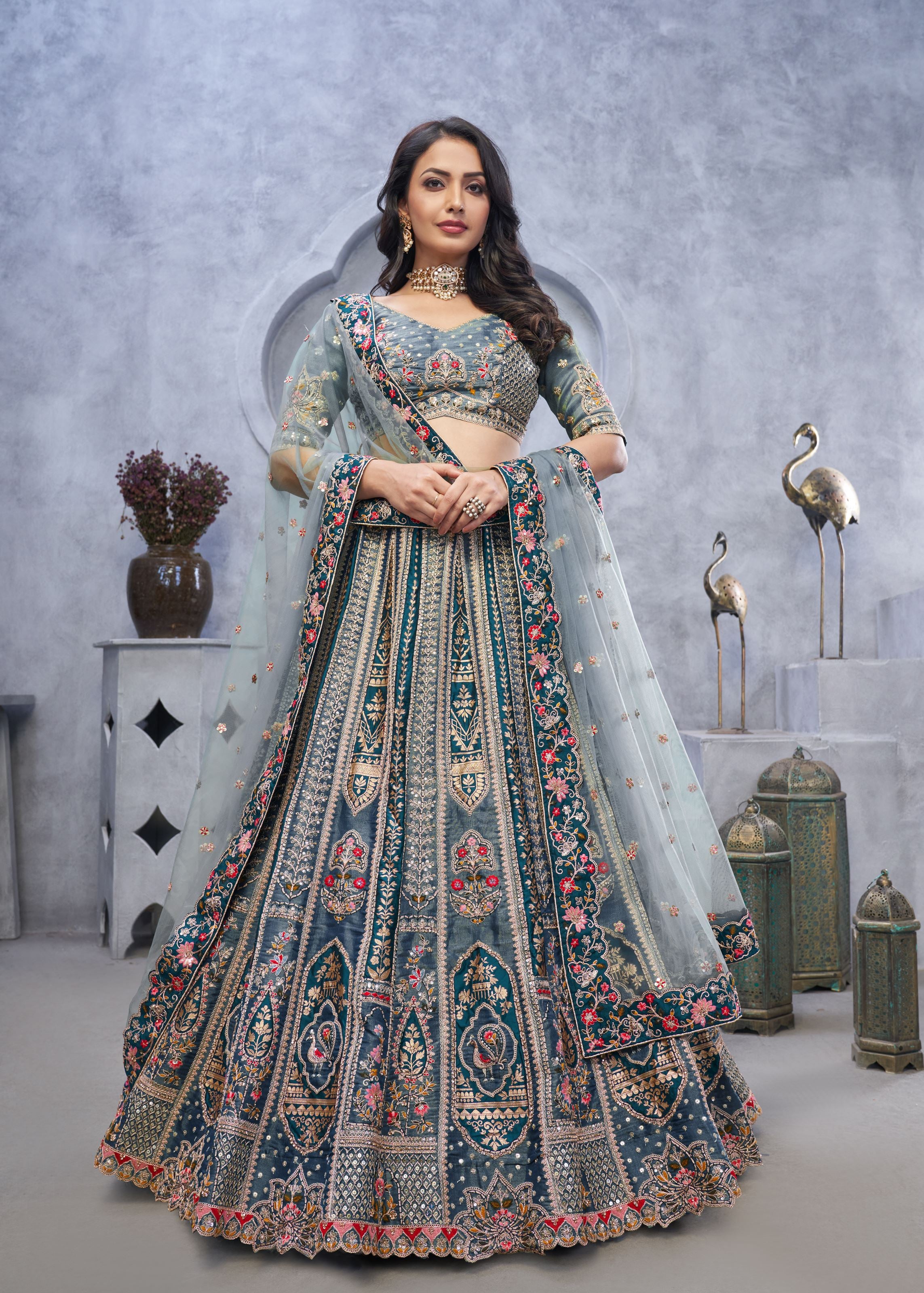 Grey Organza Silk Intricate Paisley Motifs Traditional Embroidered Wedding Lehenga Choli With Soft Net Dupatta